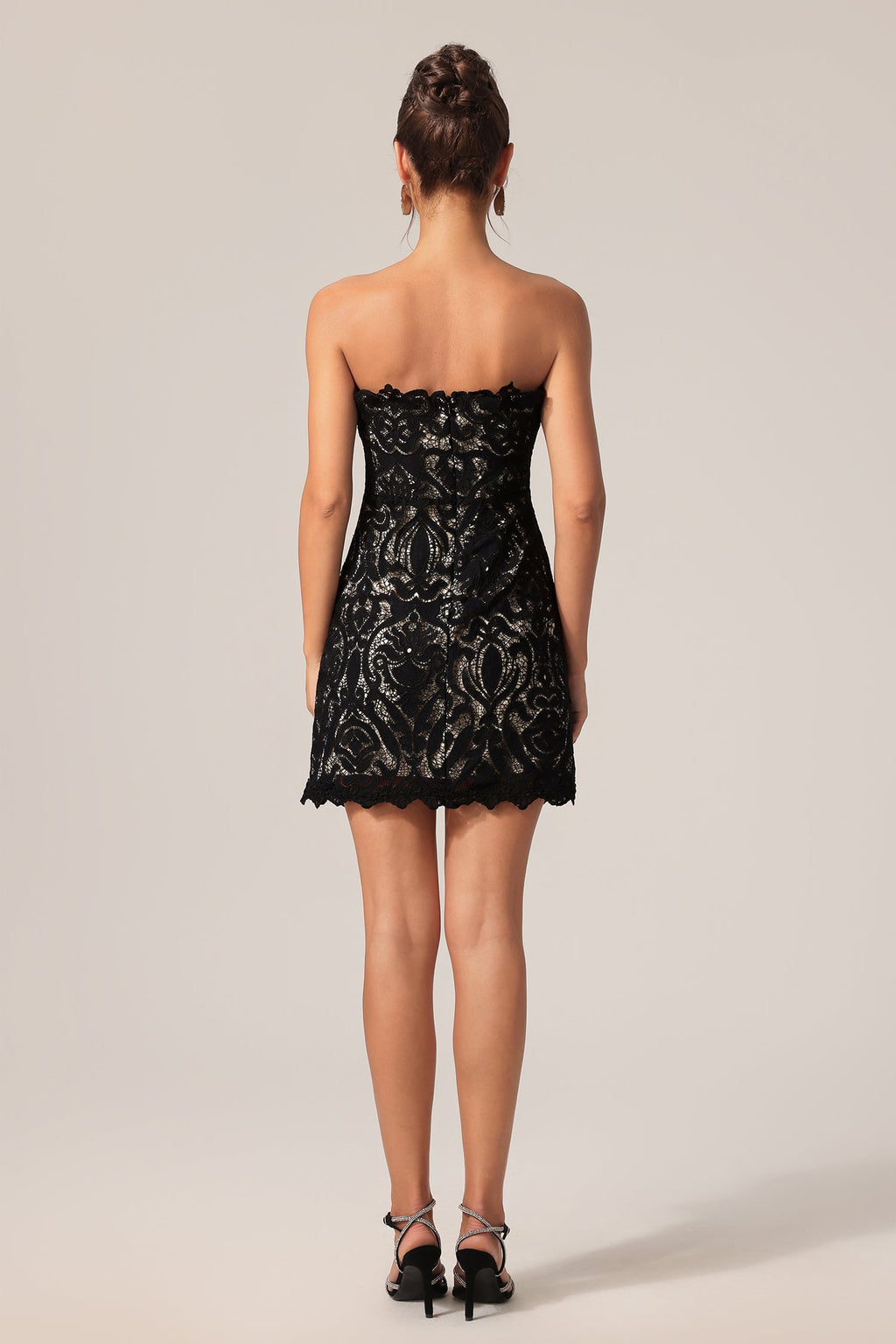 Johanna Black Lace Mini Dress Strapless Elegant Fit Feel Scalloped Hemline