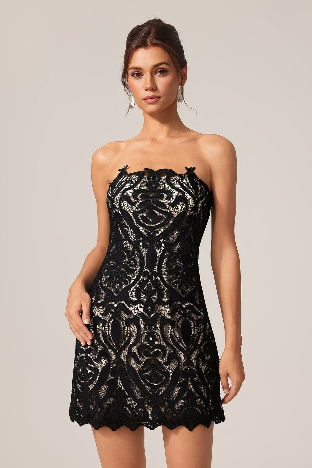 Johanna Black Lace Overlay Mini Dress Strapless Elegant Glamorous
