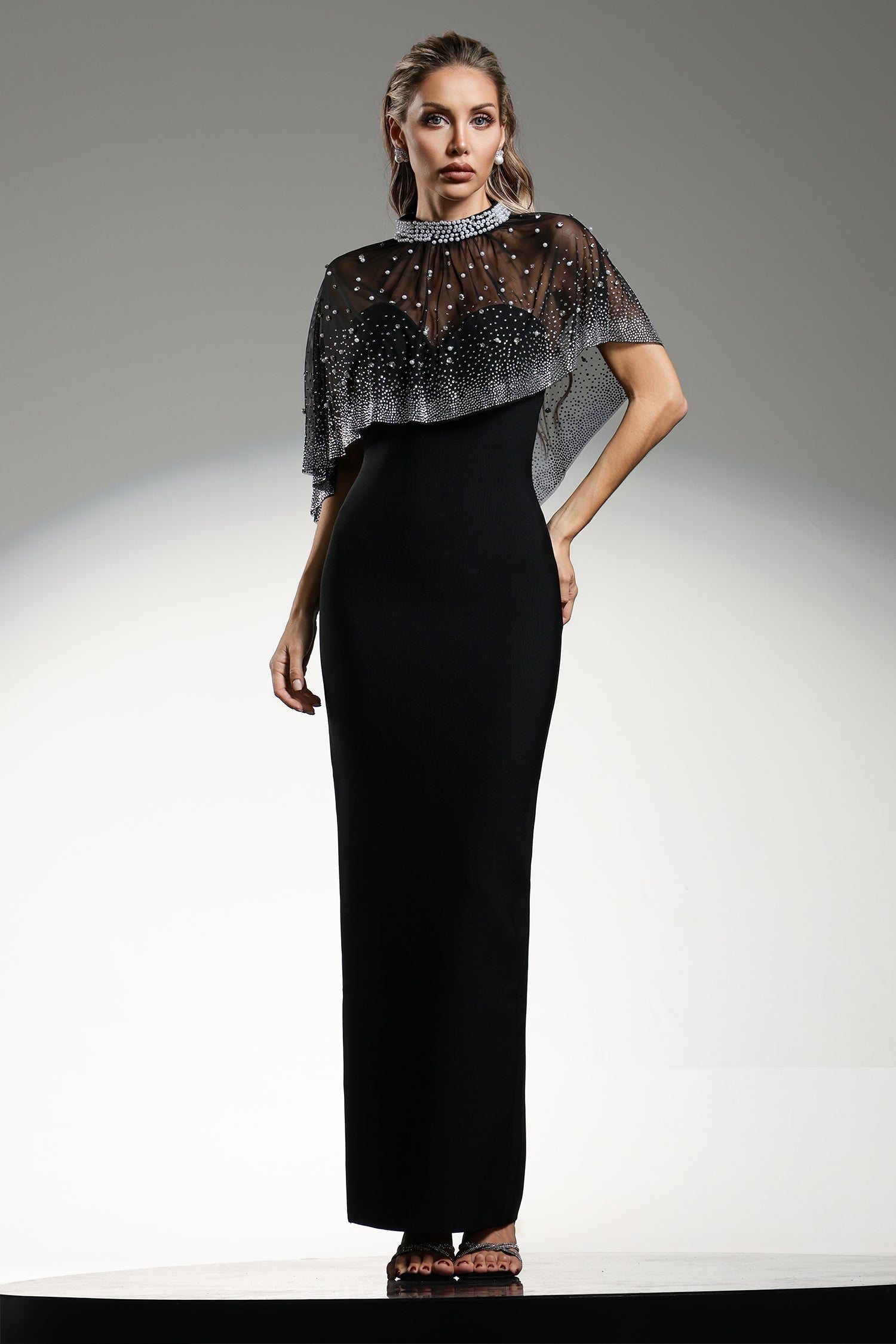 Johanna Black Maxi Dress with Diamond Pearl Detailing and Layered Cape Design