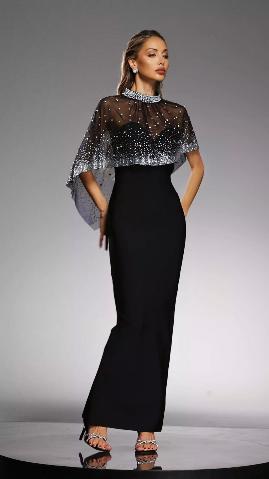 Johanna Black Maxi Dress with Diamond Pearl Detailing and Layered Cape Design
