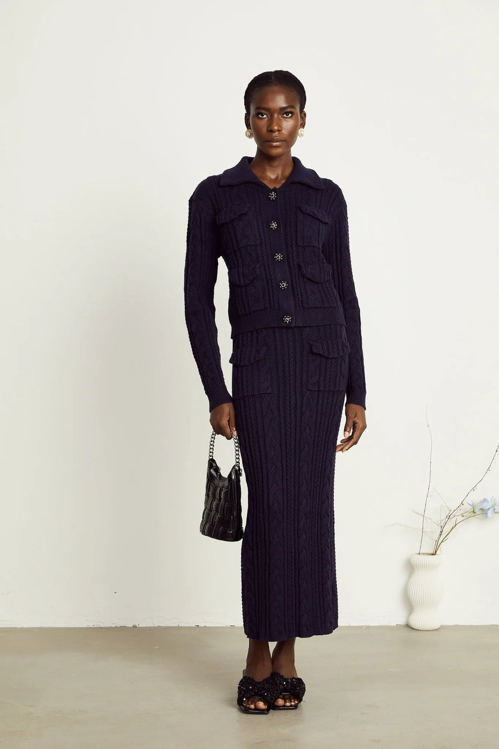 Jolanda Jacket & Skirt - Knit - Bead - Embellished Buttons - Front Flap Pockets - Calf - Length Design