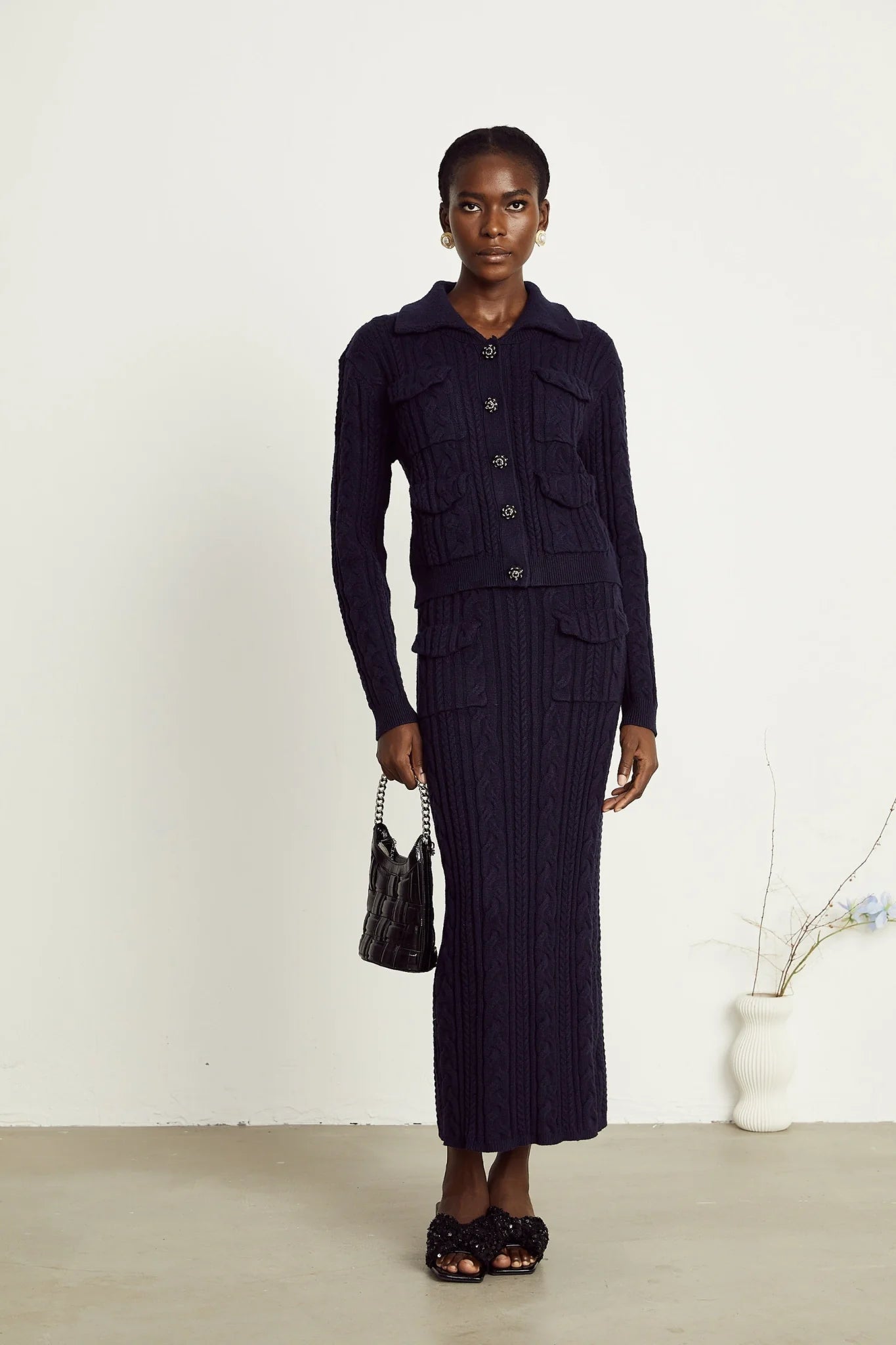 Jolanda Jacket & Skirt - Knit - Bead - Embellished Buttons - Front Flap Pockets - Calf - Length Design