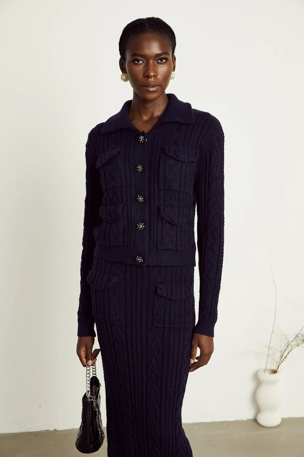 Jolanda Jacket & Skirt Navy Blue Knit Matching Set