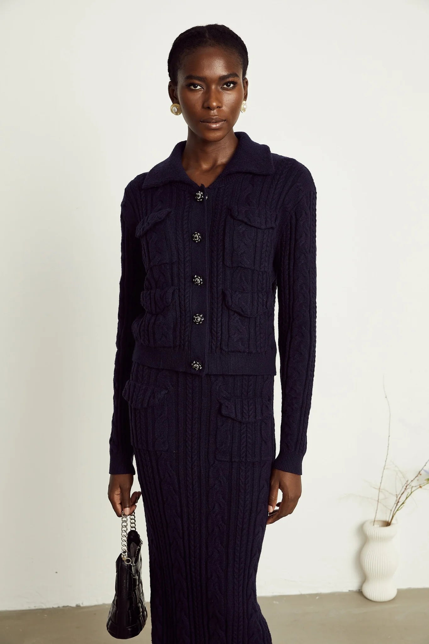 Jolanda Jacket & Skirt Navy Blue Knit Matching Set