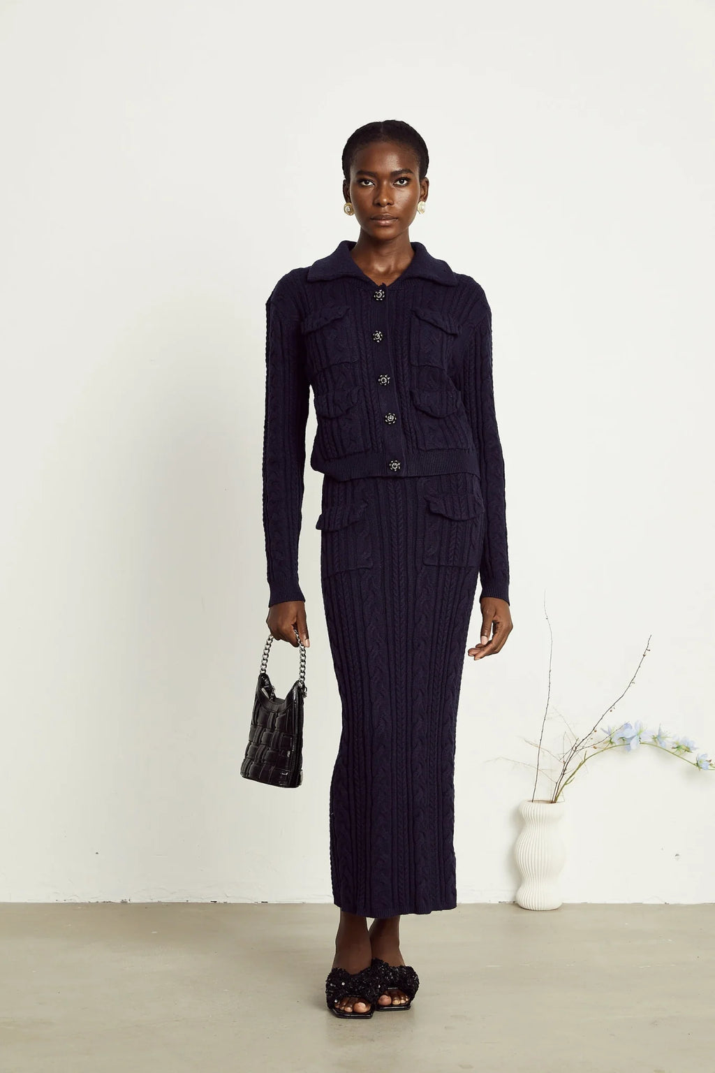 Jolanda Jacket & Skirt Navy Blue Knit Matching Set