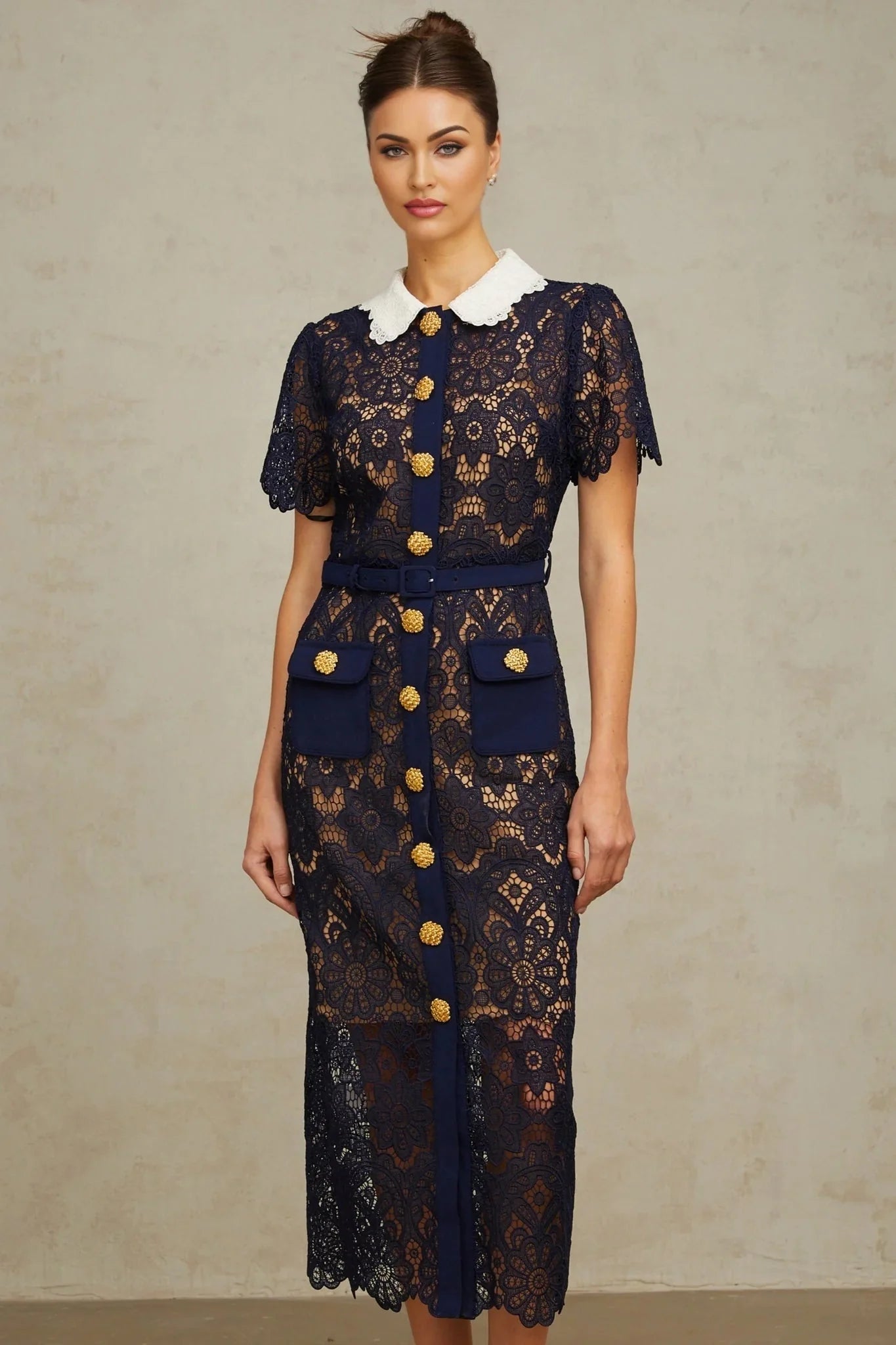 Jordan Midi Dress Blue Floral Crochet Lace & Belted Scalloped Hem