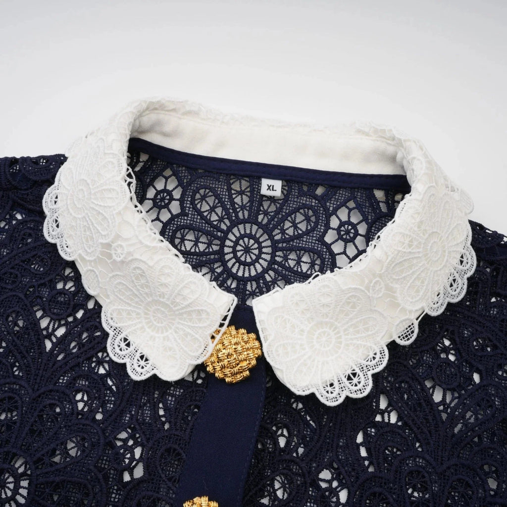 Jordan Midi Dress Blue Floral Crochet Lace & Belted Scalloped Hem