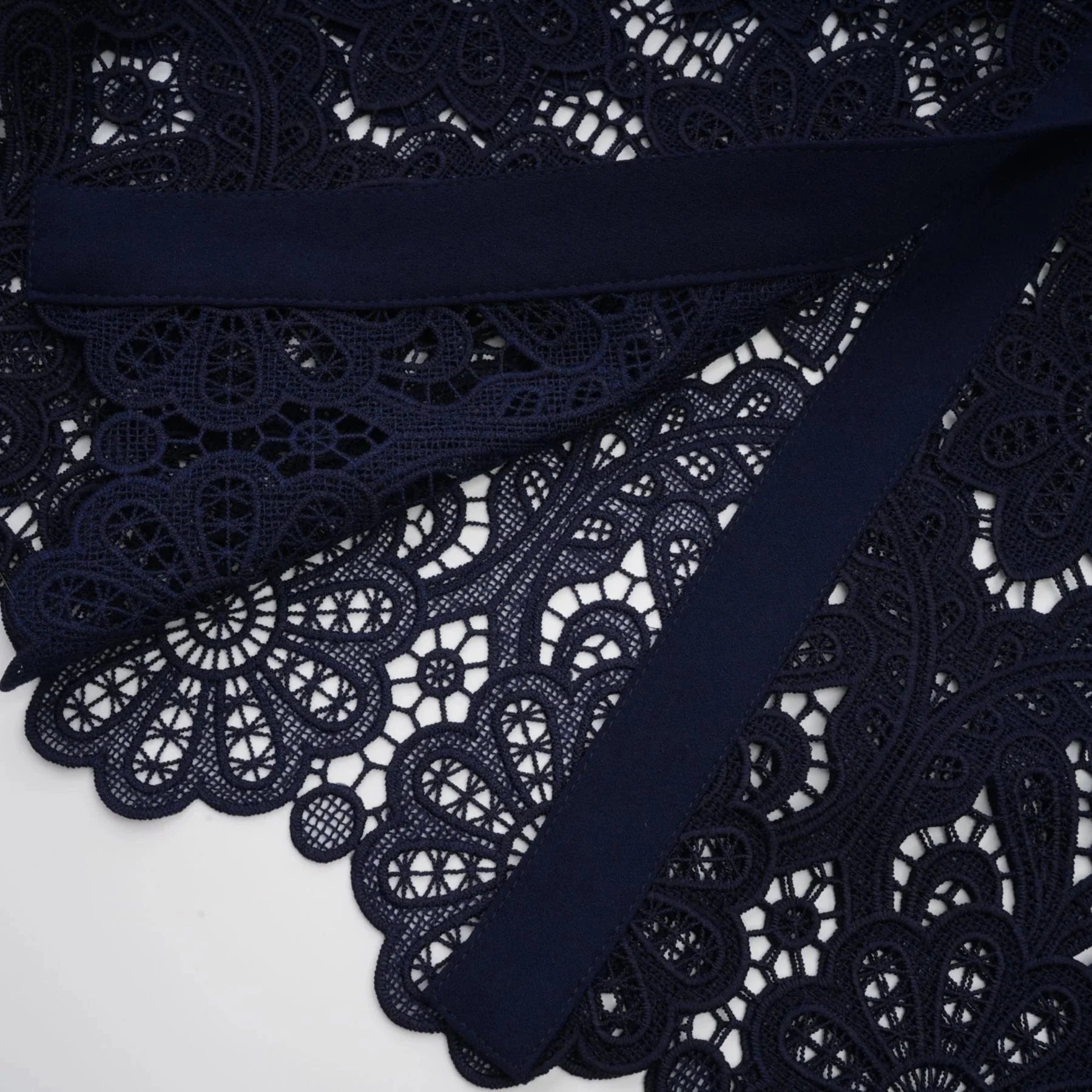 Jordan Midi Dress Blue Floral Crochet Lace & Belted Scalloped Hem