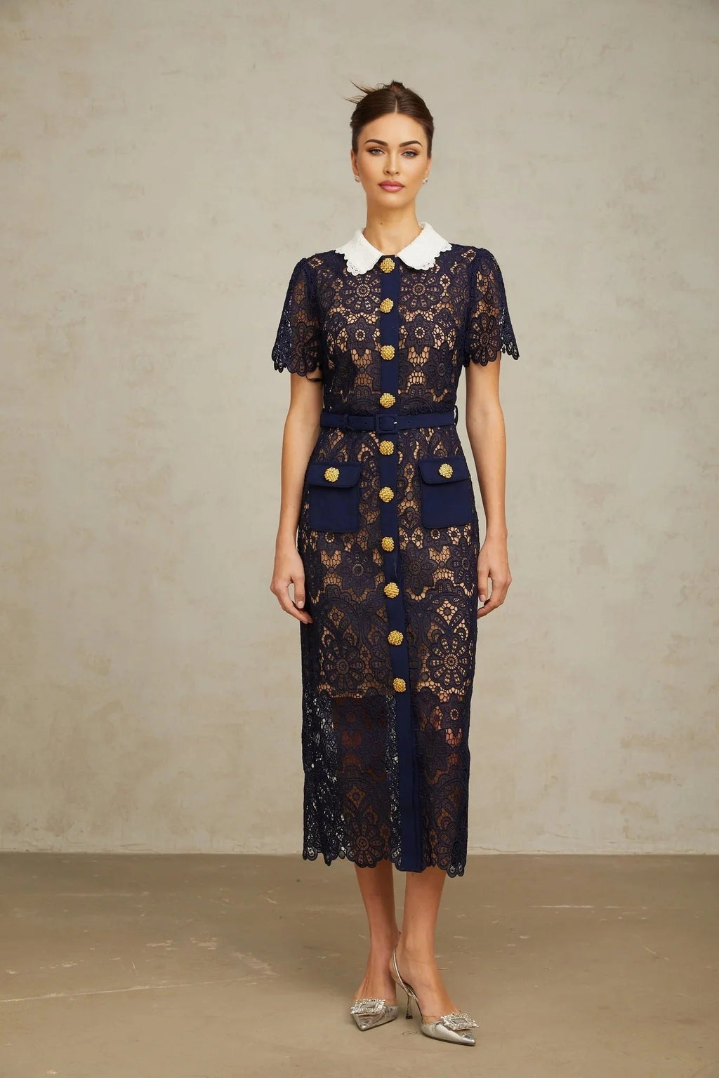 Jordan Midi Dress Blue Floral Crochet Lace & Belted Scalloped Hem