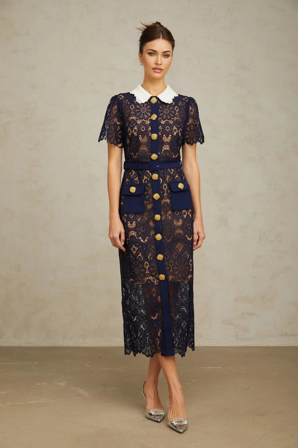 Jordan Midi Dress Blue Floral Crochet Lace & Belted Scalloped Hem