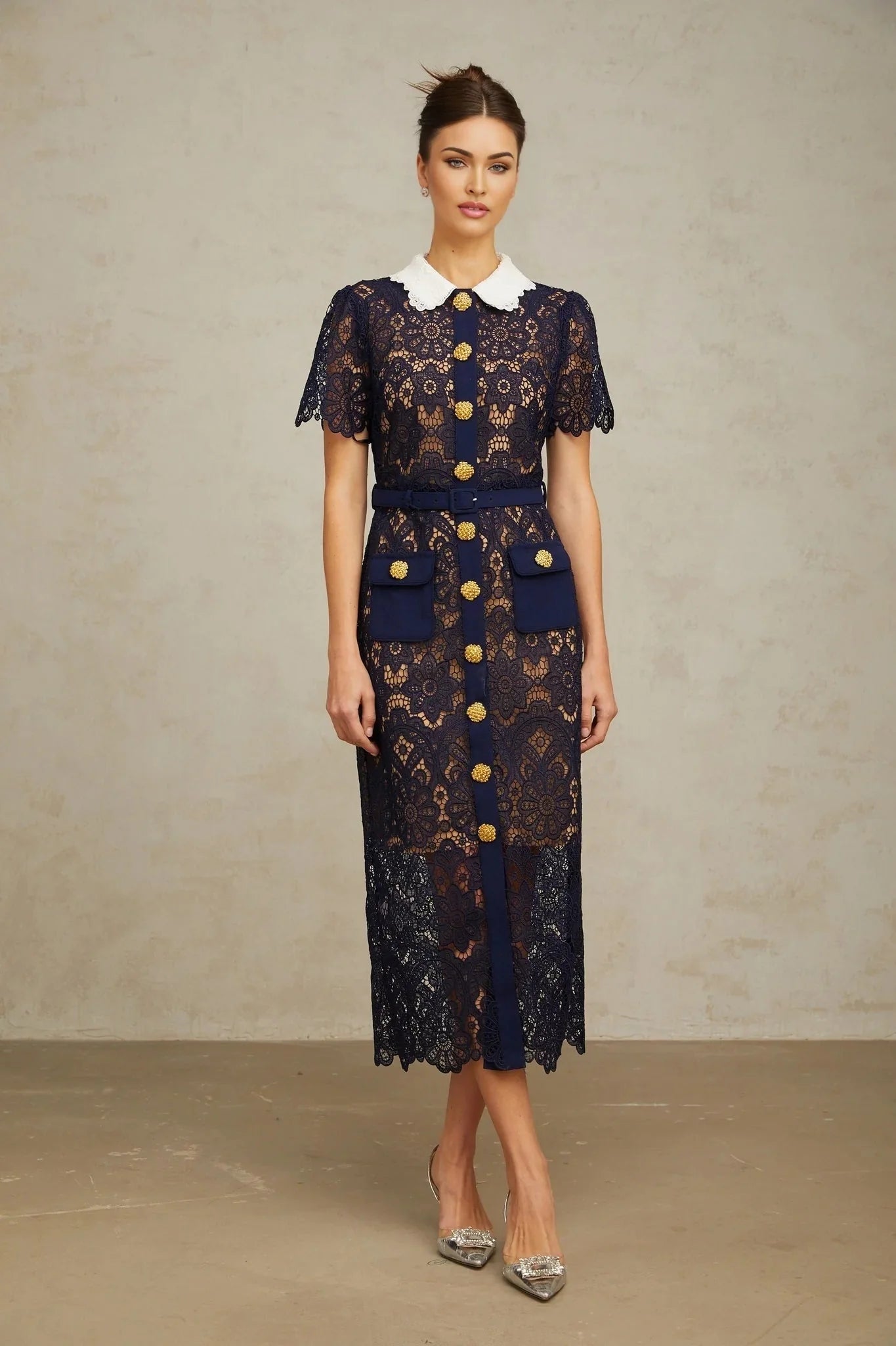 Jordan Midi Dress Blue Floral Crochet Lace & Belted Scalloped Hem