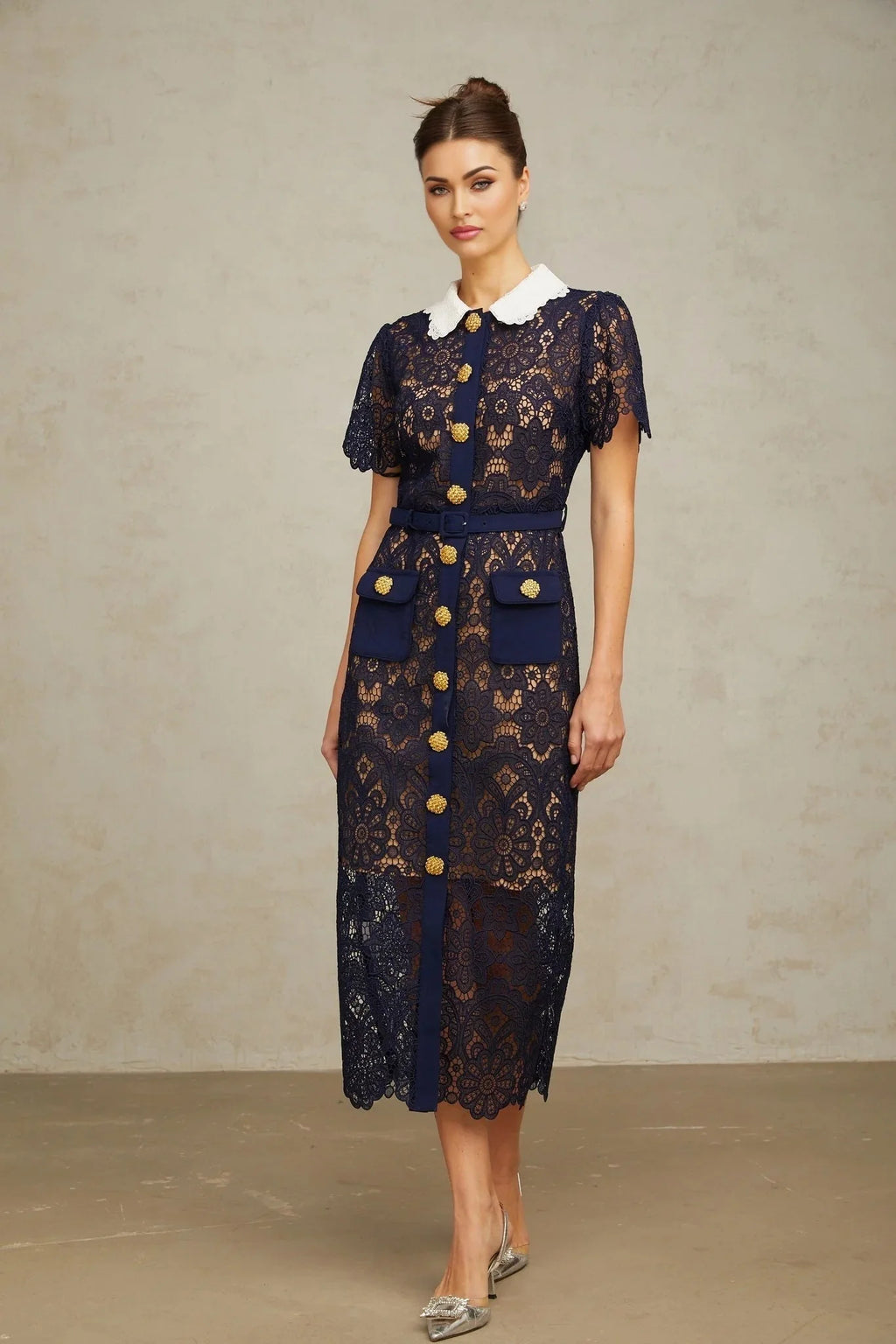Jordan Midi Dress Blue Floral Crochet Lace & Belted Scalloped Hem
