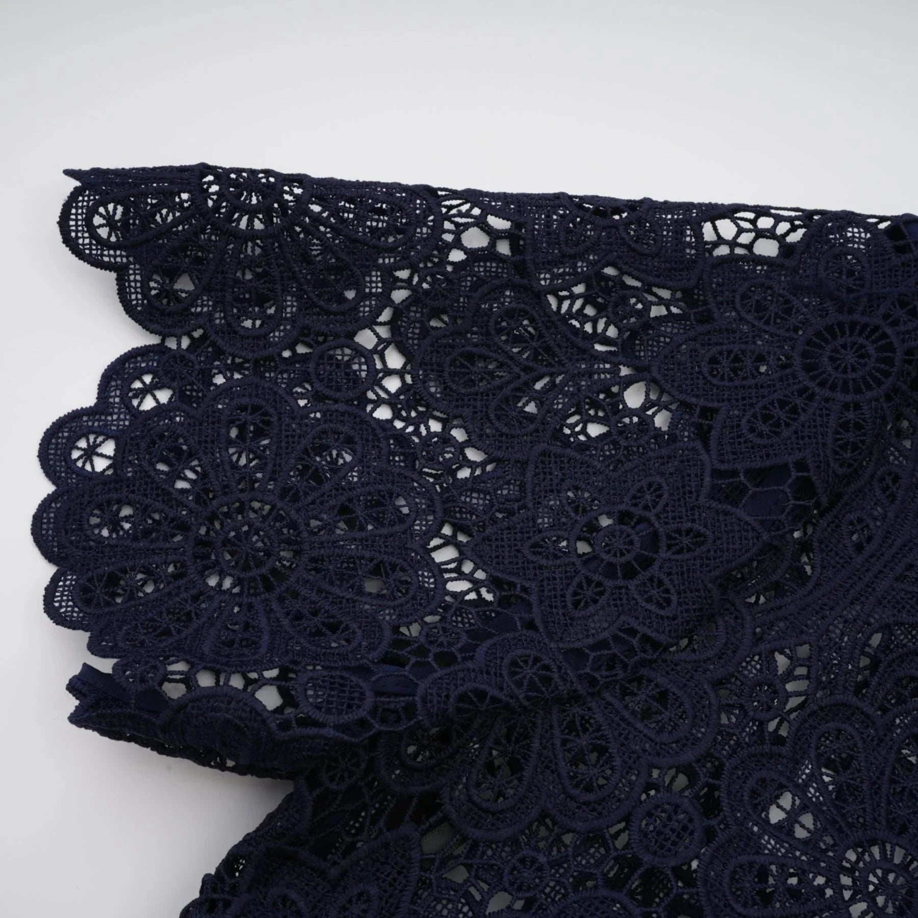 Jordan Midi Dress Blue Floral Crochet Lace & Belted Scalloped Hem