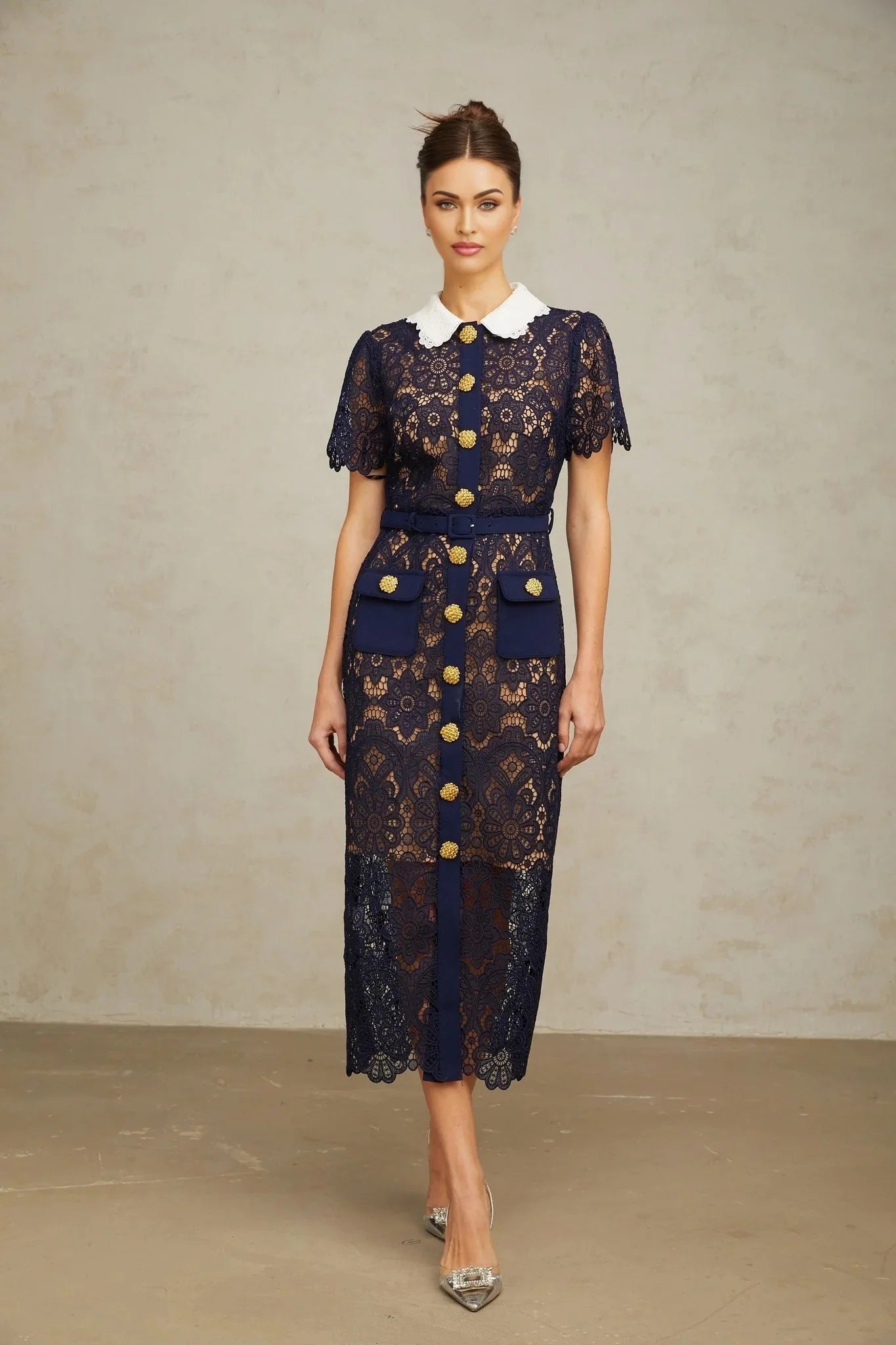 Jordan Midi Dress Blue Floral Crochet Lace & Belted Scalloped Hem