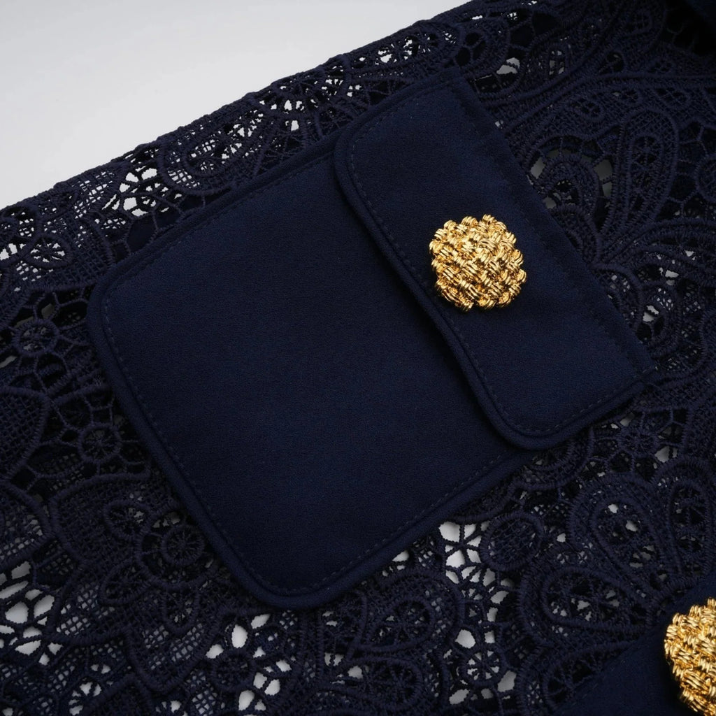 Jordan Midi Dress Blue Floral Crochet Lace & Belted Scalloped Hem