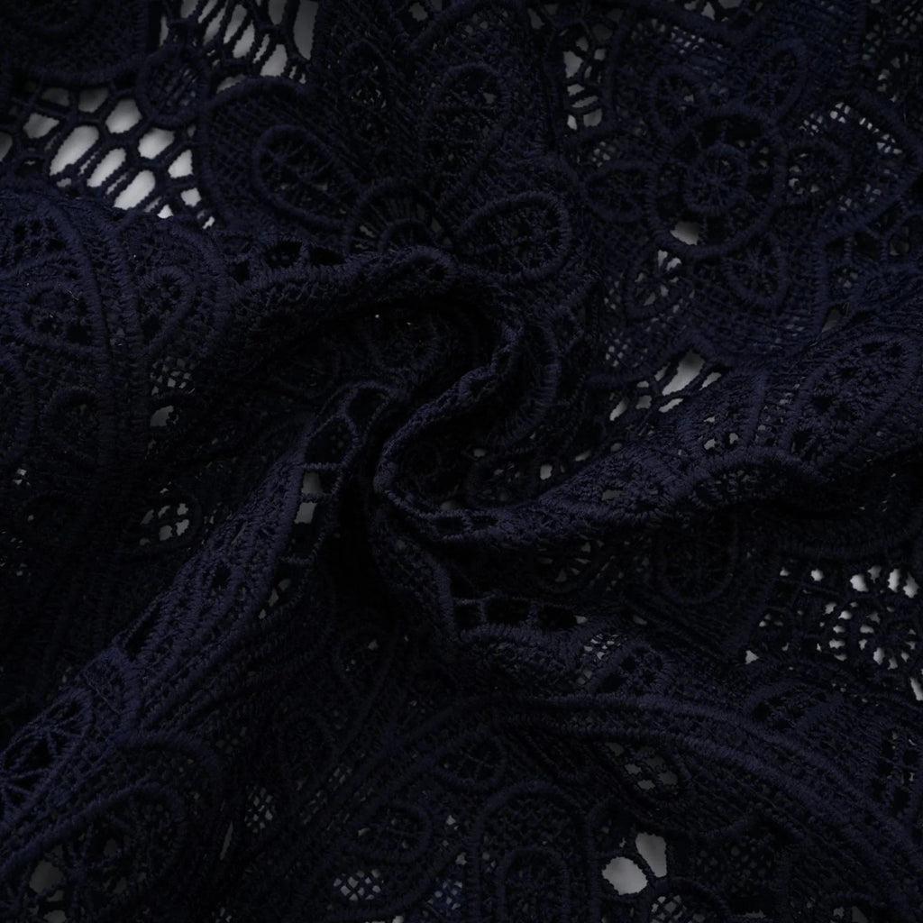 Jordan Midi Dress Blue Floral Crochet Lace & Belted Scalloped Hem