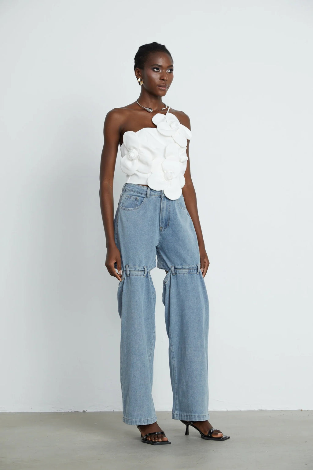 Josephine Floral Top Halterneck Applique White