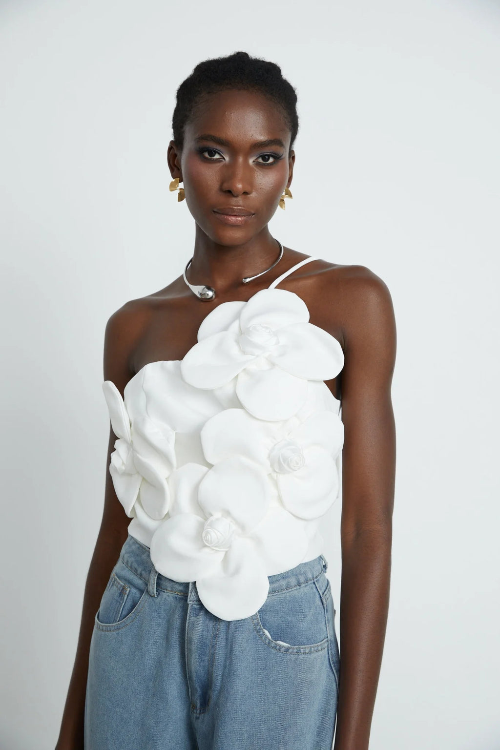 Josephine Floral Top Halterneck Applique White