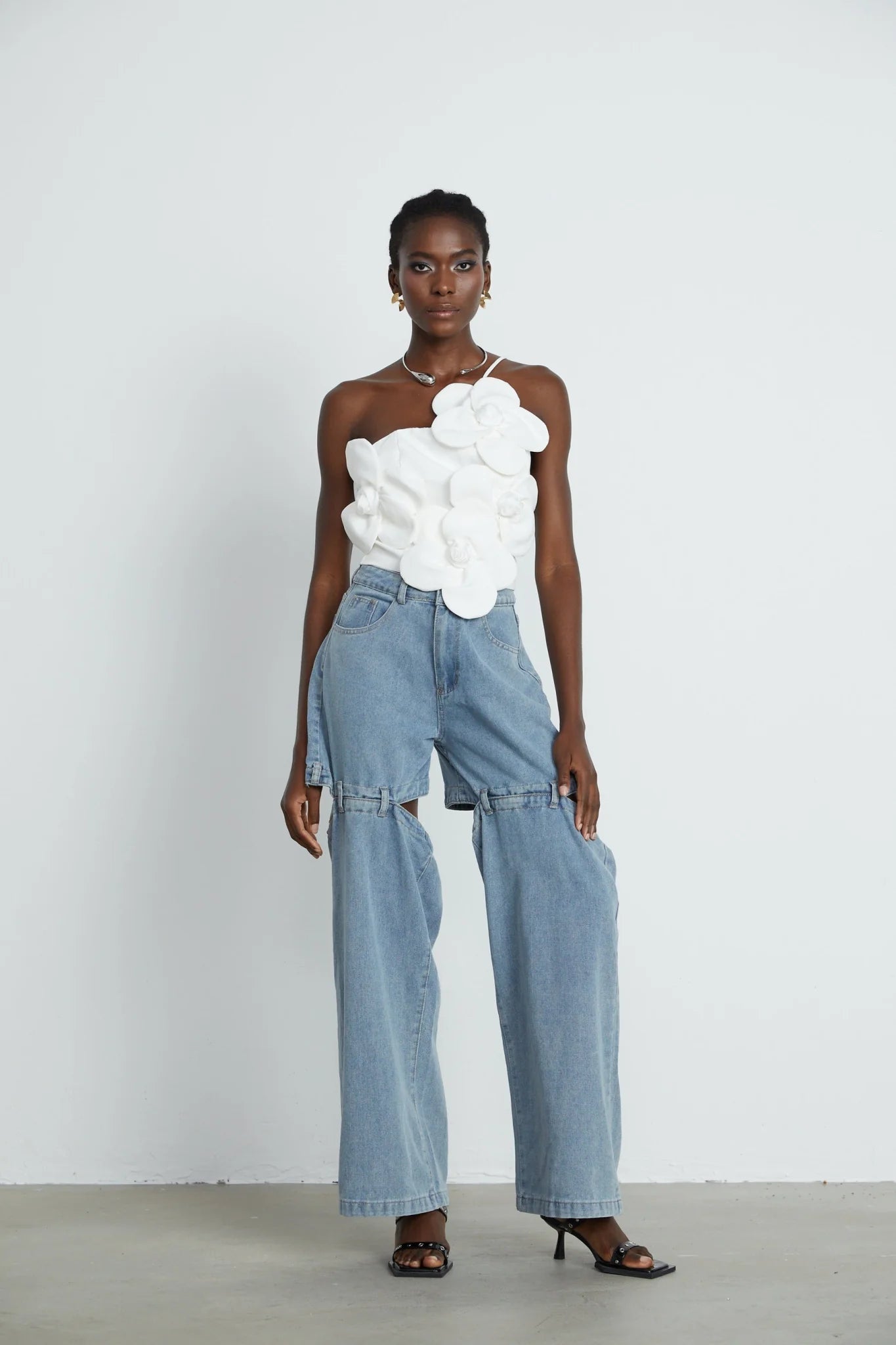 Josephine Floral Top Halterneck Applique White