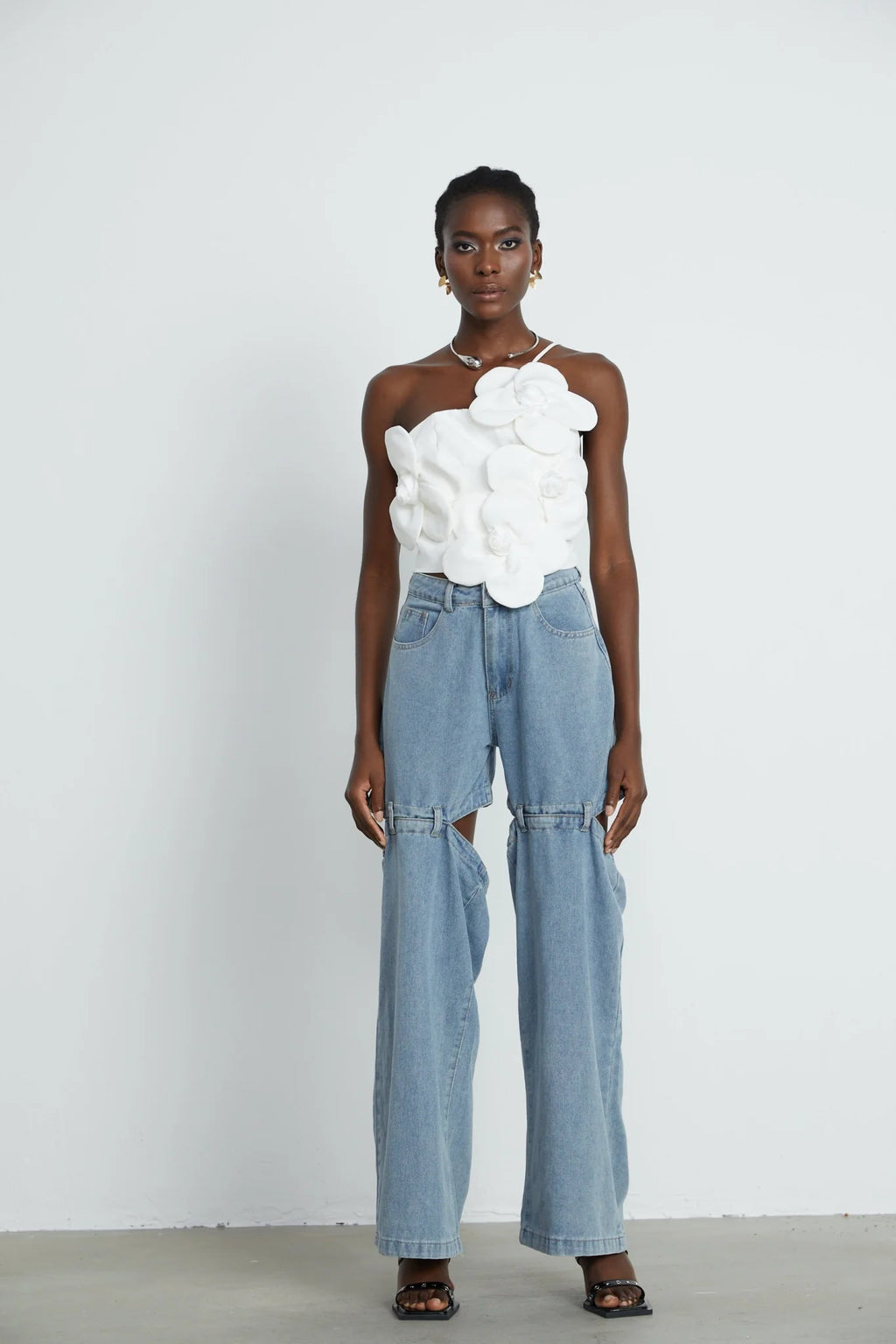 Josephine Floral Top Halterneck Applique White