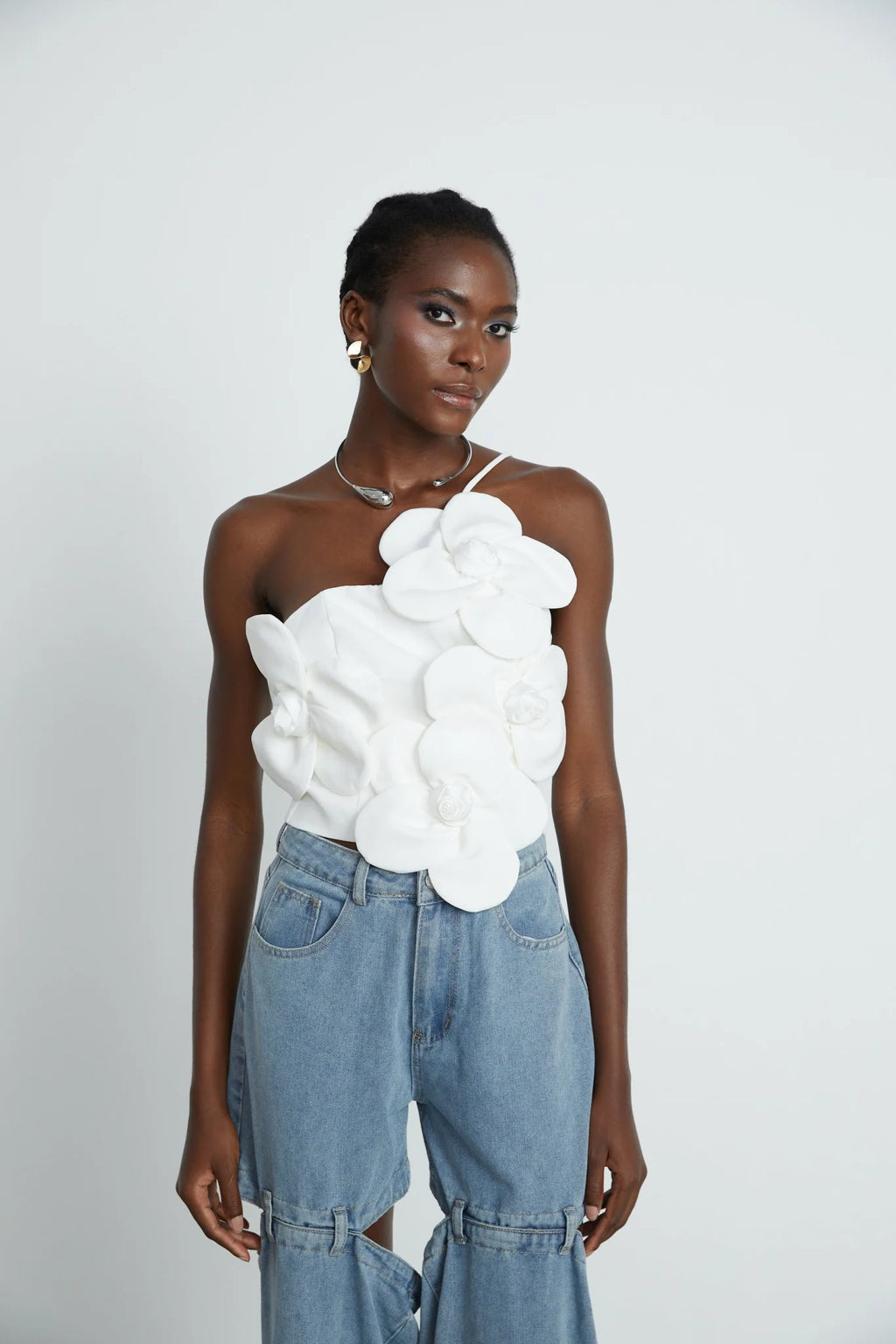 Josephine Floral Top Halterneck Applique White