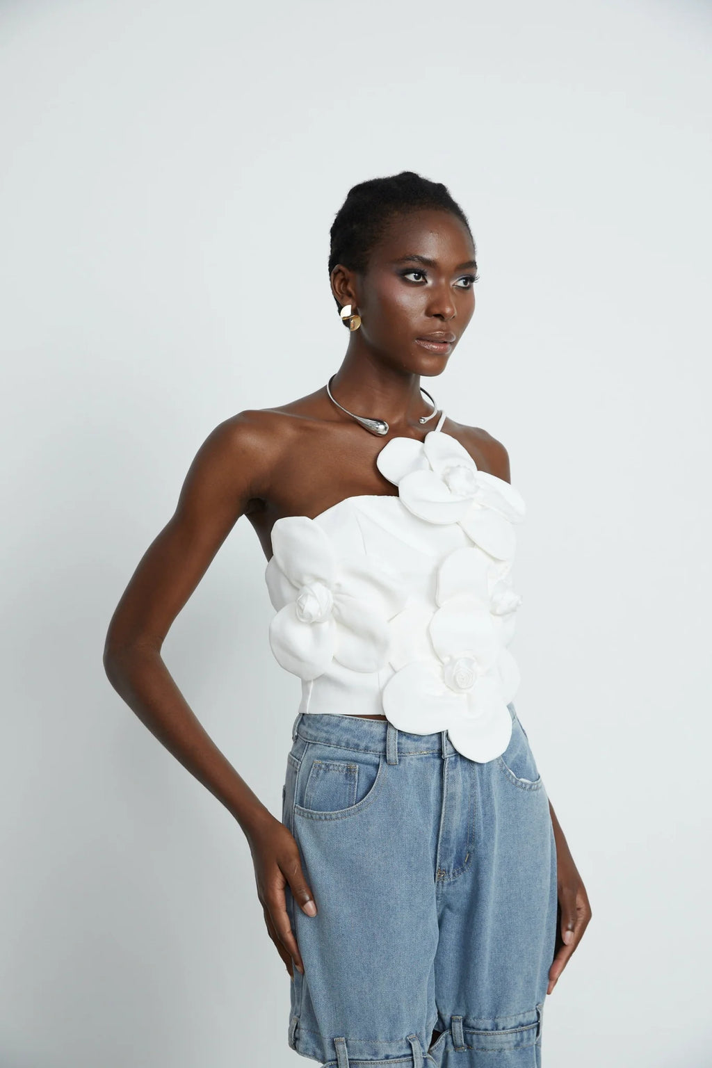 Josephine Floral Top - Halterneck - Sleeveless - Floral Appliqu - Cropped - Rear Zip