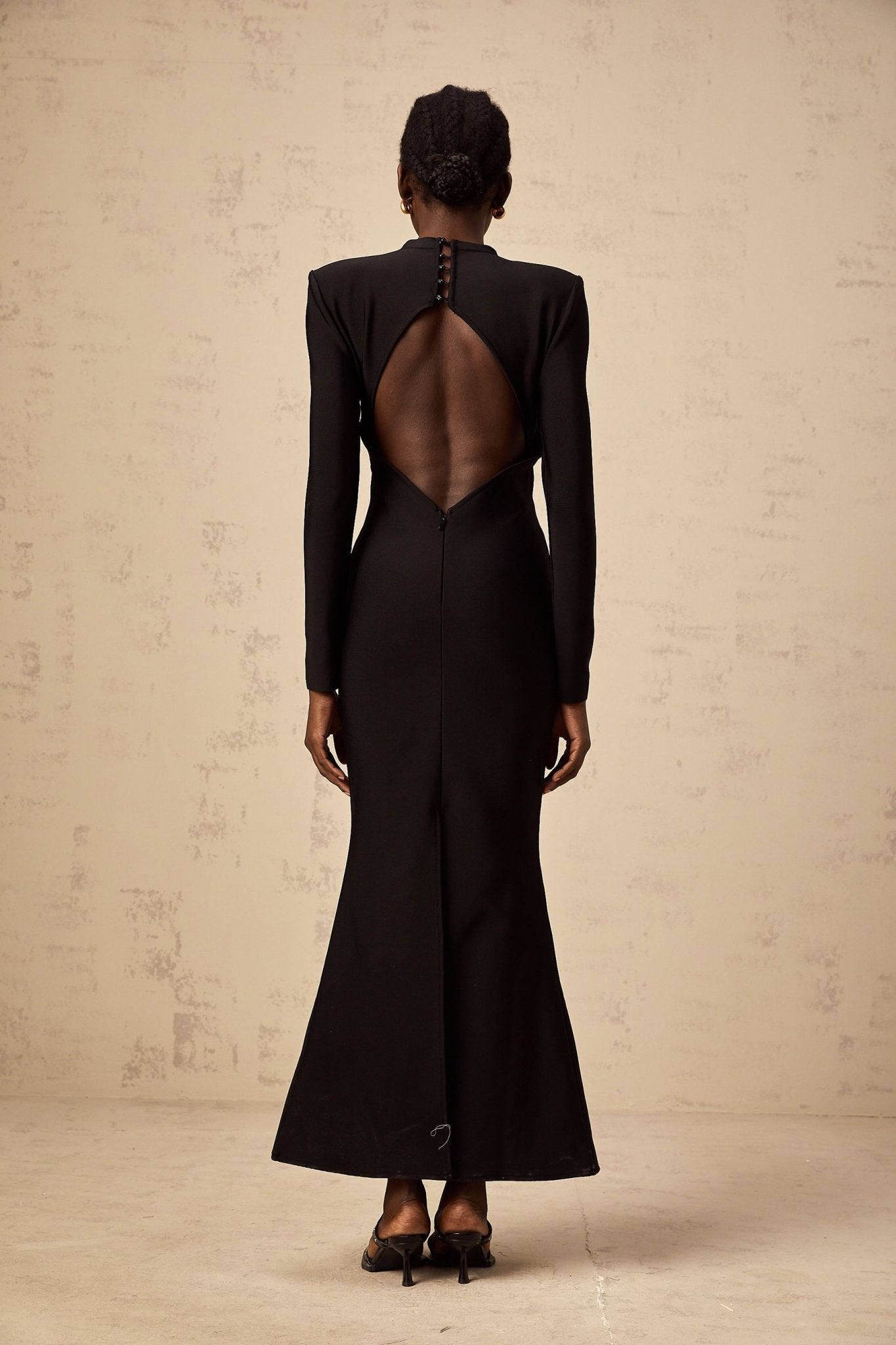 Josephine Midi Dress Black Sun Cut Out Open Back Mermaid Hem