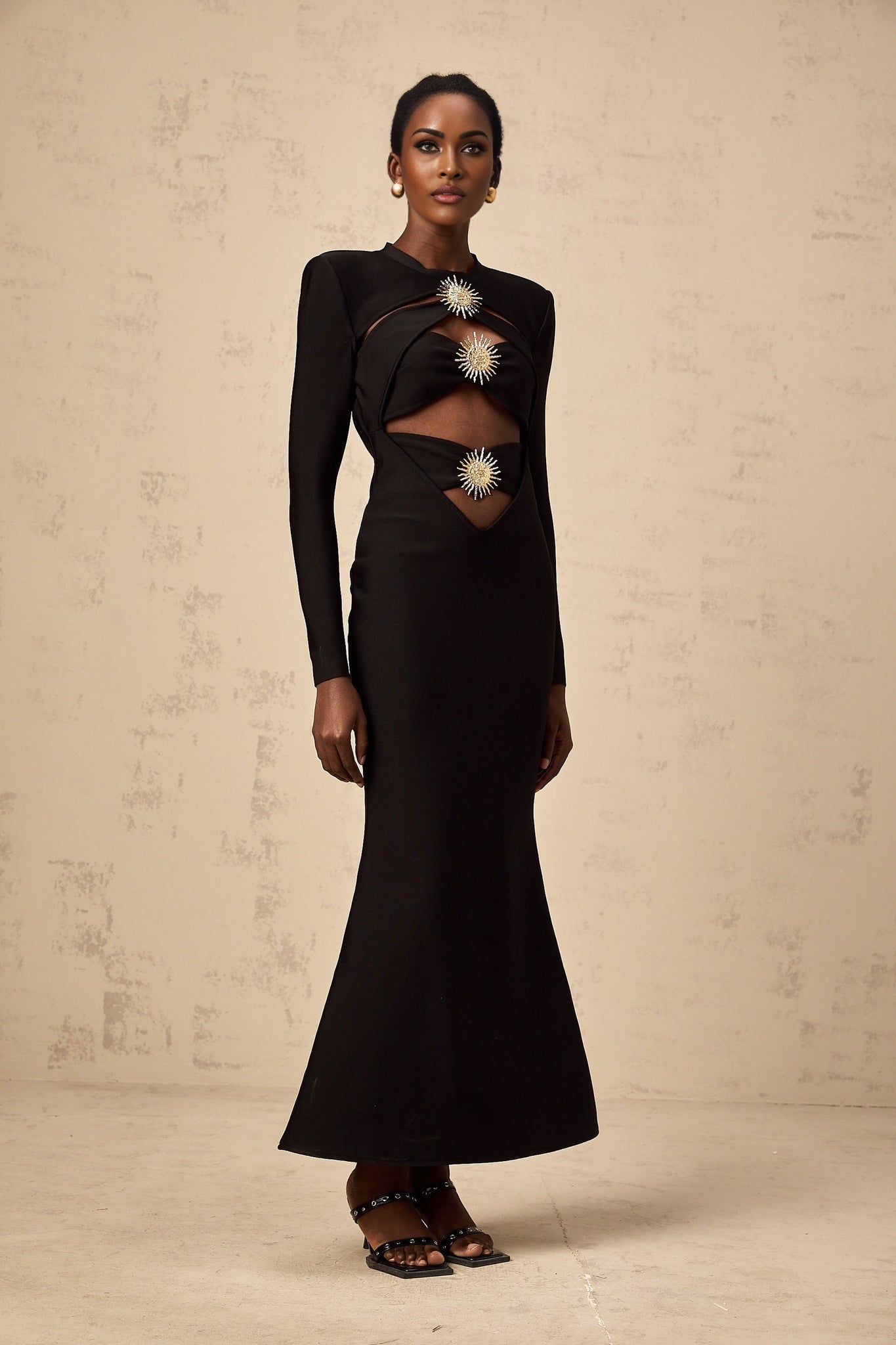 Josephine Midi Dress Black Sun Cut Out Open Back Mermaid Hem