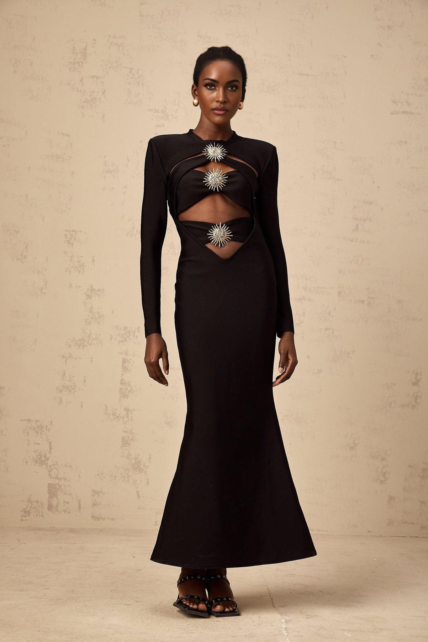 Josephine Midi Dress Black Sun Cut Out Open Back Mermaid Hem