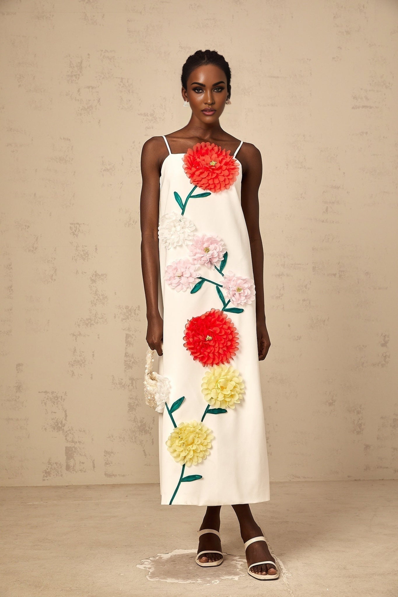 Josephine Midi Dress White 3D Petal Shift Square Neck Spaghetti