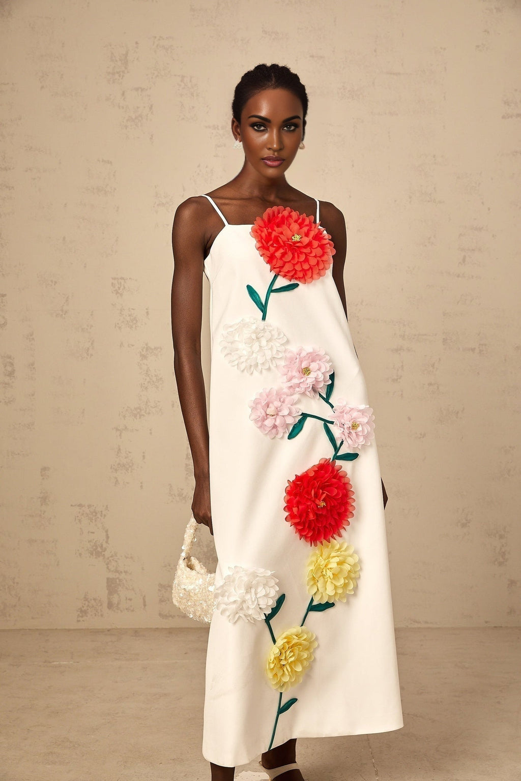 Josephine Midi Dress White 3D Petal Shift Square Neck Spaghetti