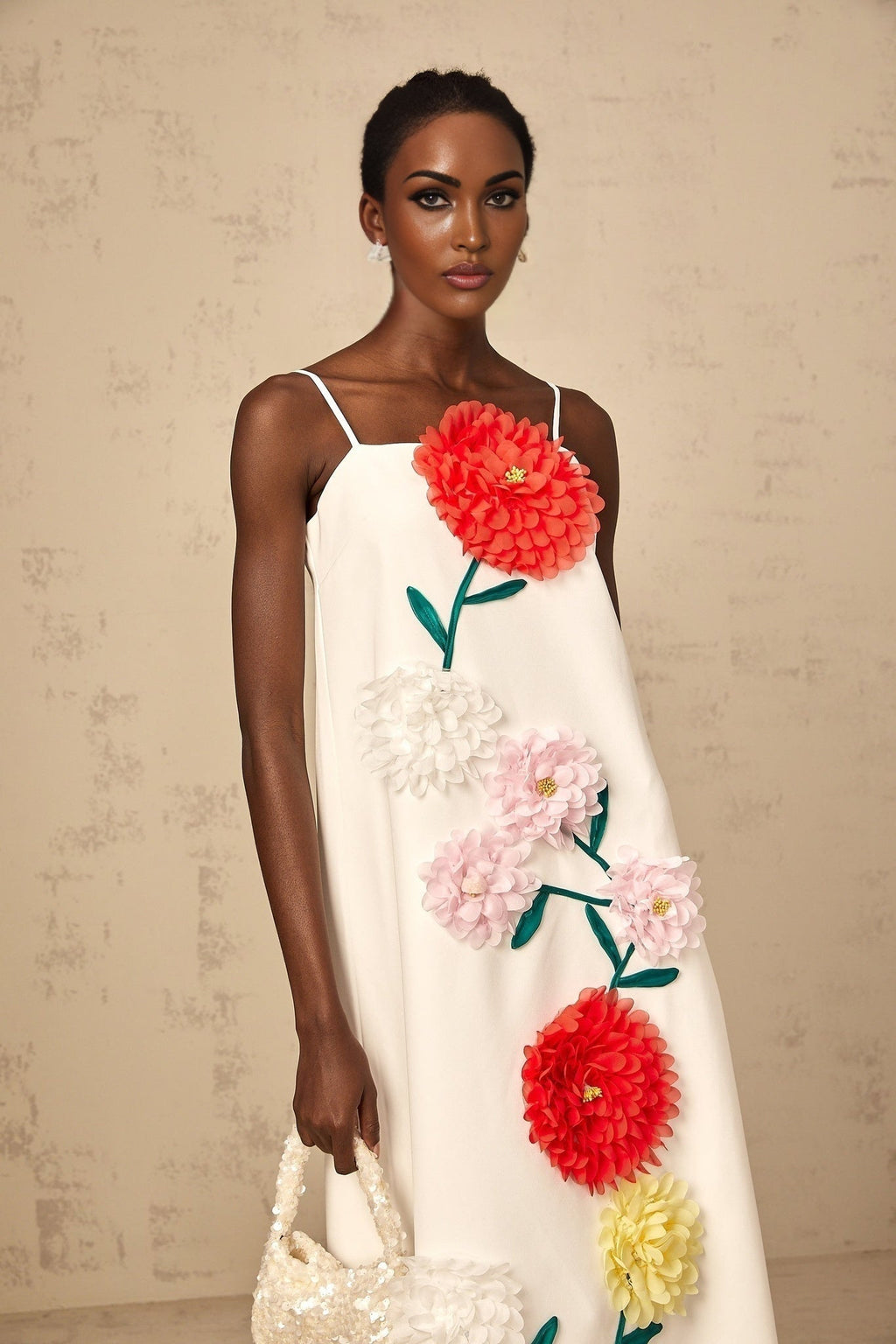 Josephine Midi Dress White 3D Petal Shift Square Neck Spaghetti