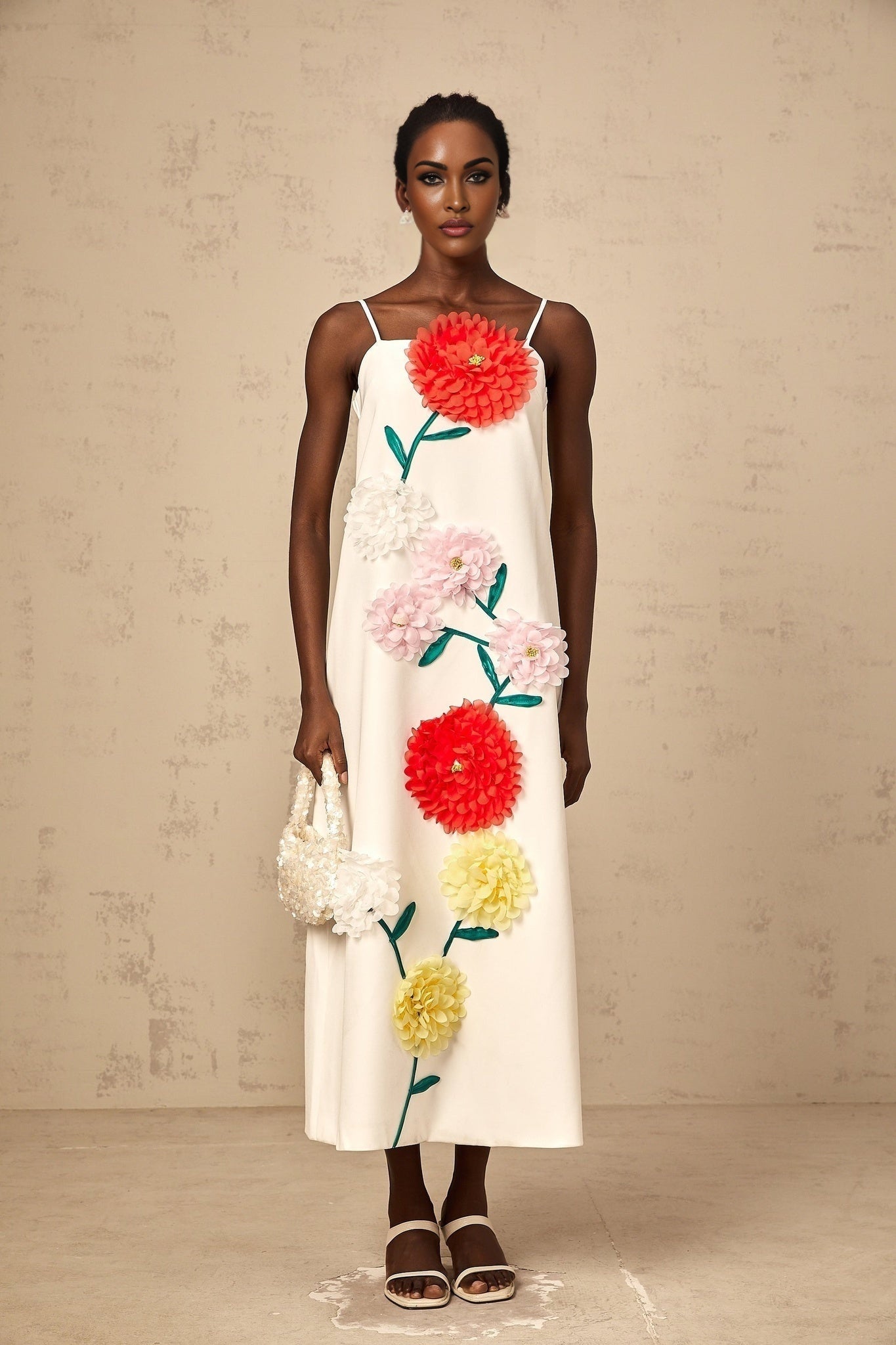 Josephine Midi Dress White 3D Petal Shift Square Neck Spaghetti