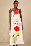 Josephine Midi Dress White 3D Petal Shift Square Neck Spaghetti