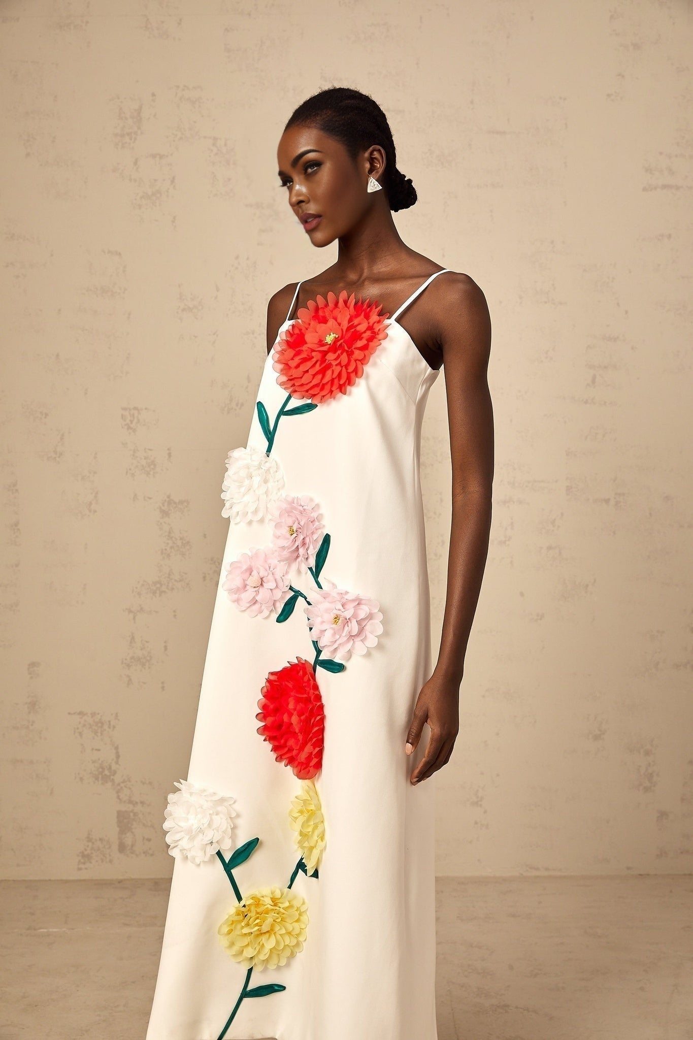 Josephine Midi Dress White 3D Petal Shift Square Neck Spaghetti