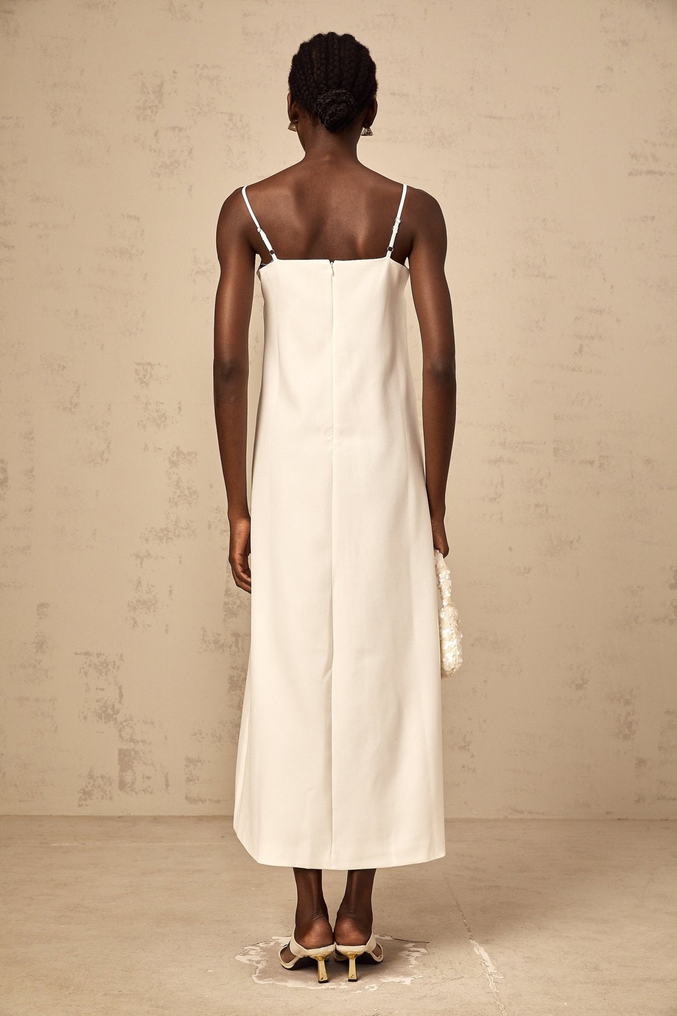 Josephine Midi Dress White 3D Petal Shift Square Neck Spaghetti