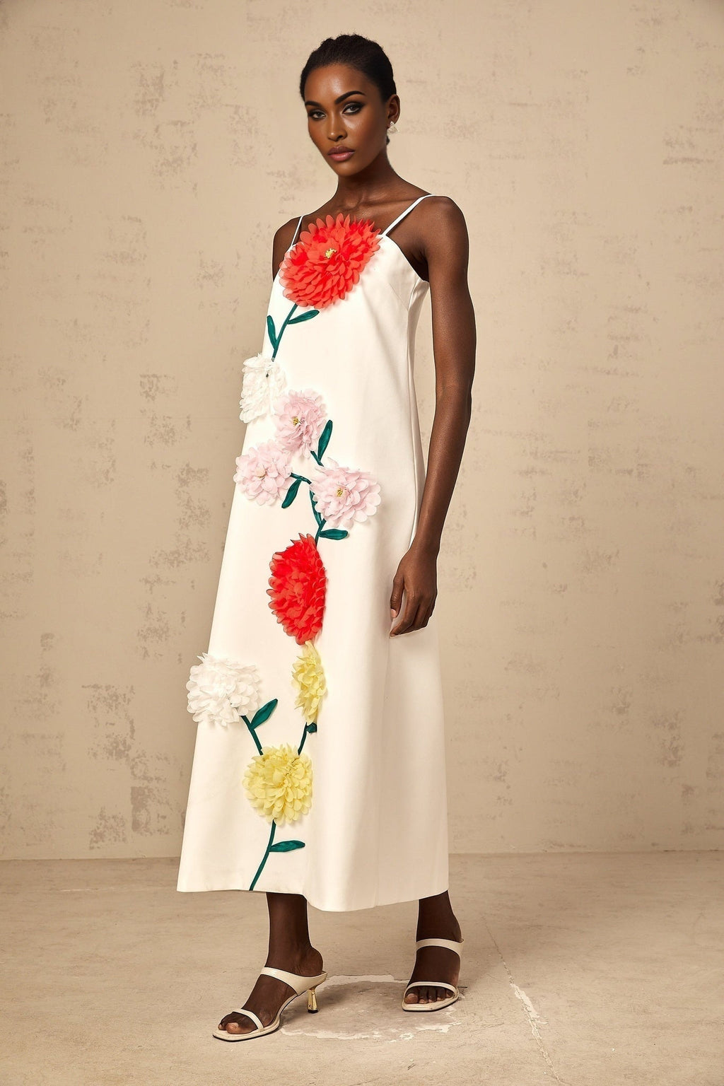 Josephine Midi Dress White 3D Petal Shift Square Neck Spaghetti