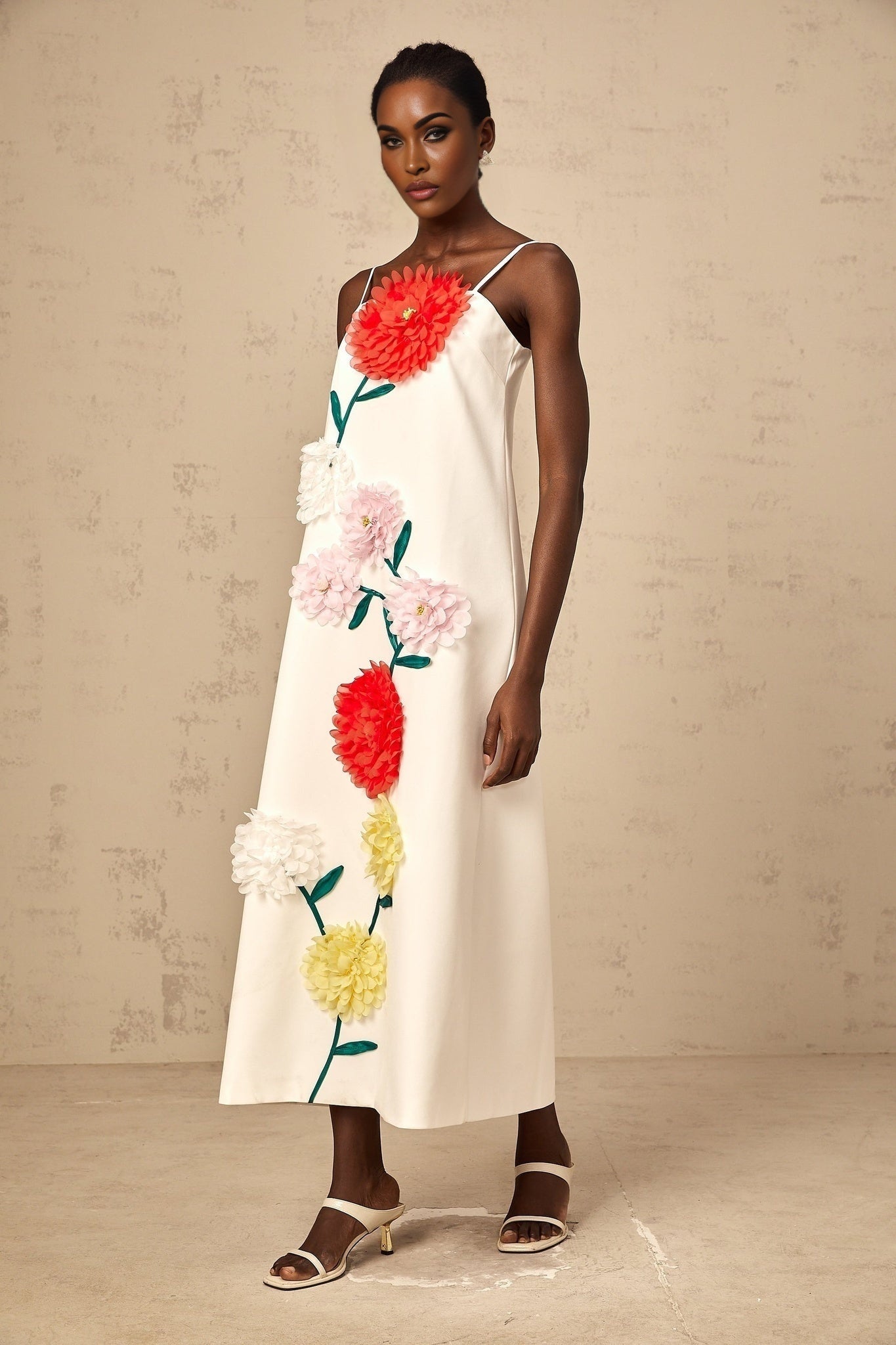 Josephine Midi Dress White 3D Petal Shift Square Neck Spaghetti
