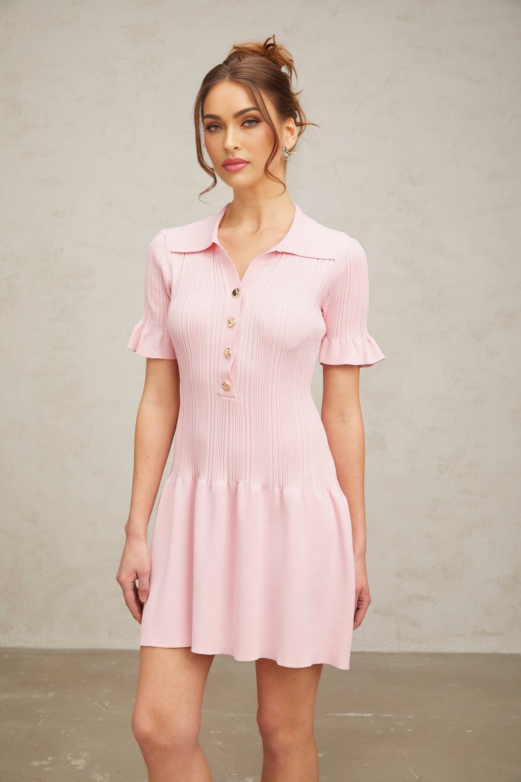 Josephine Mini Dress Pink Flare Knit with Silvertone Buttons