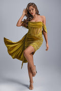 Laney Mini Dress - Off-Shoulder Neckline - Corset Detailing - Luxurious Velvet - Ruched - Ideal For Special Occasions