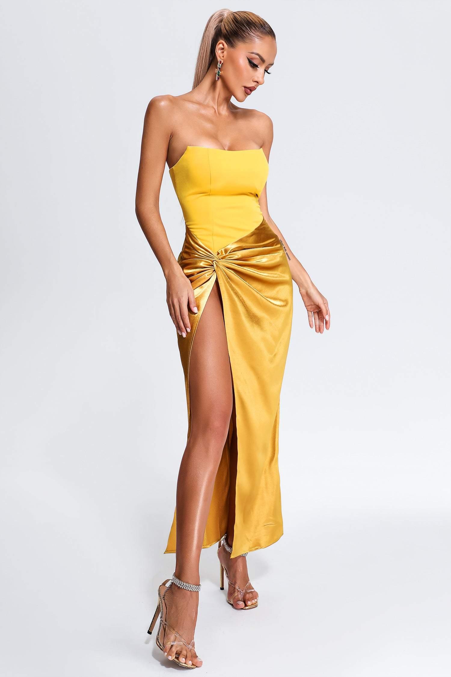Remi Midi Dress - Strapless Silhouette - Knot Detailing - Side Slit - Luxurious Satin - Modern