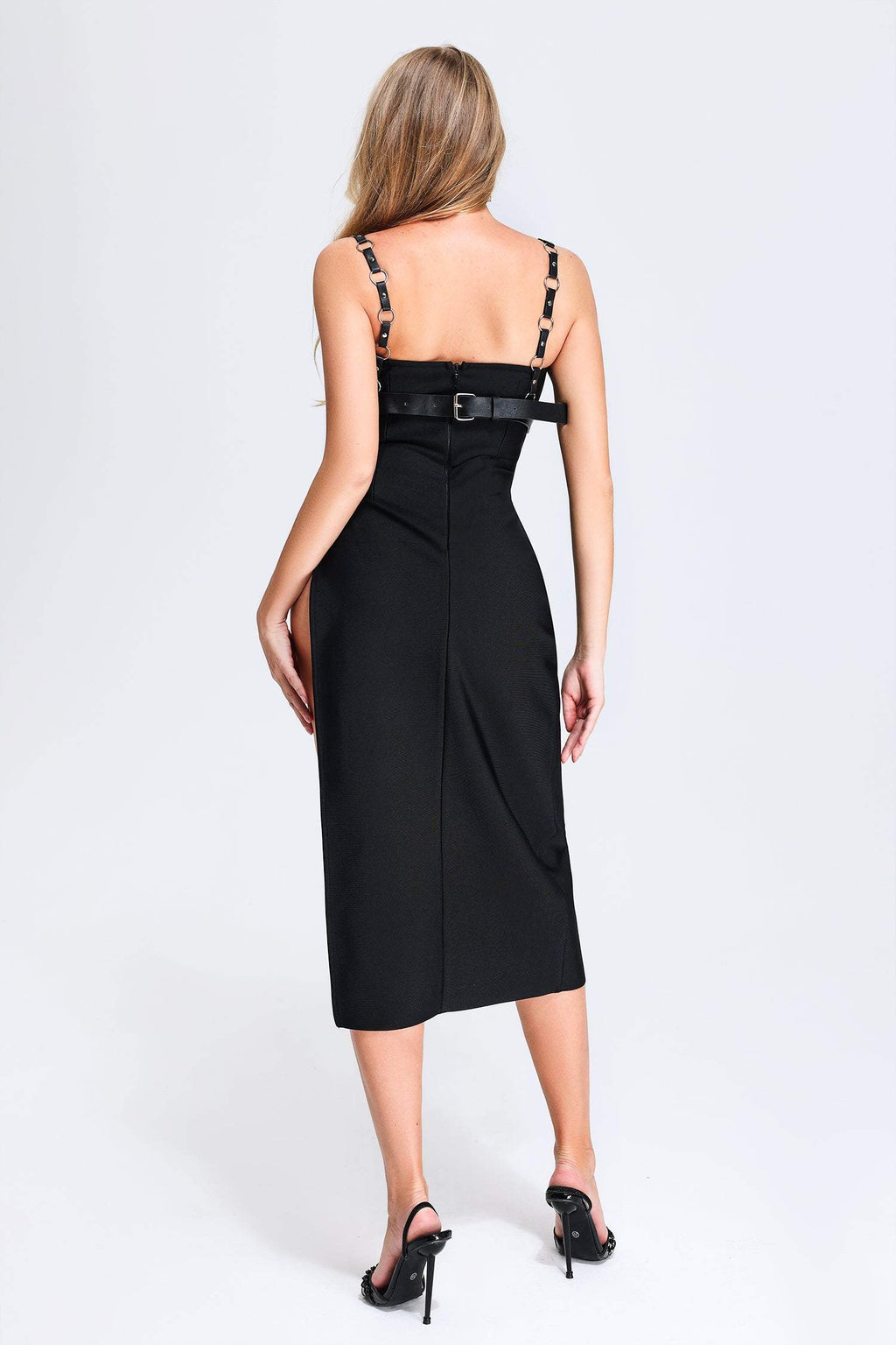 Sonia Midi Dress - High Slit - Weaved Detailing - Form-Fitting Silhouette - Adjustable Straps - Bold