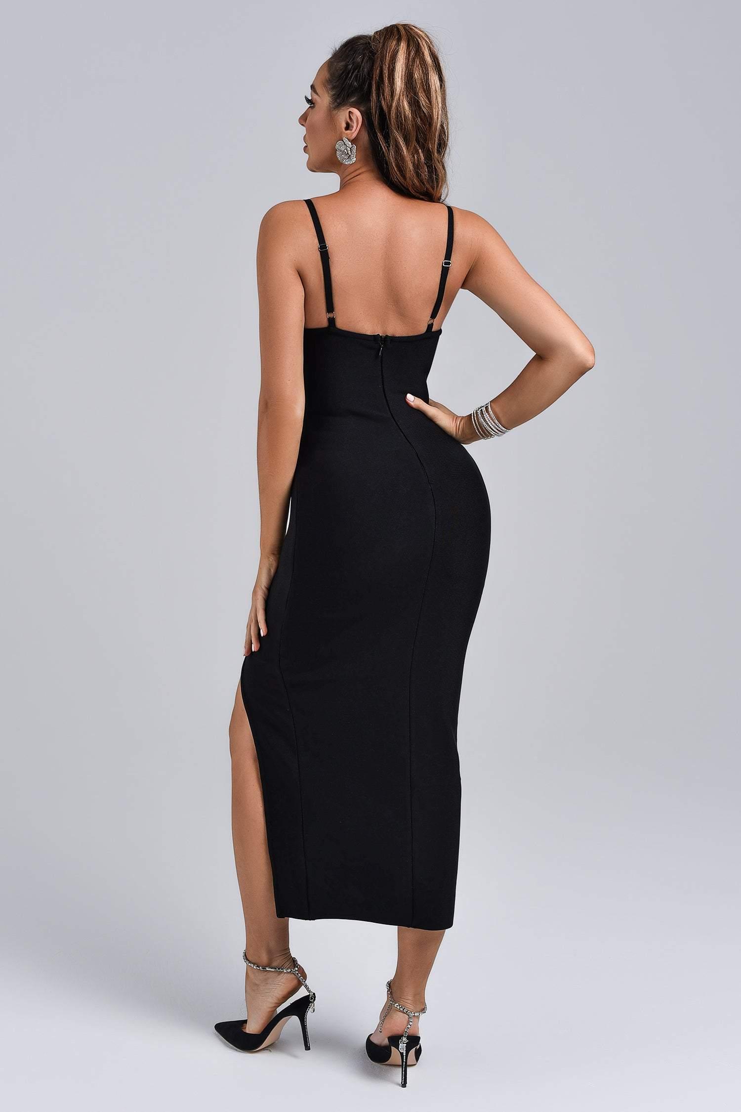 Haven Midi Dress - Barbie Diamonate - Bandage - Thigh-High Slit - Shimmering Accents - Adjustable Straps