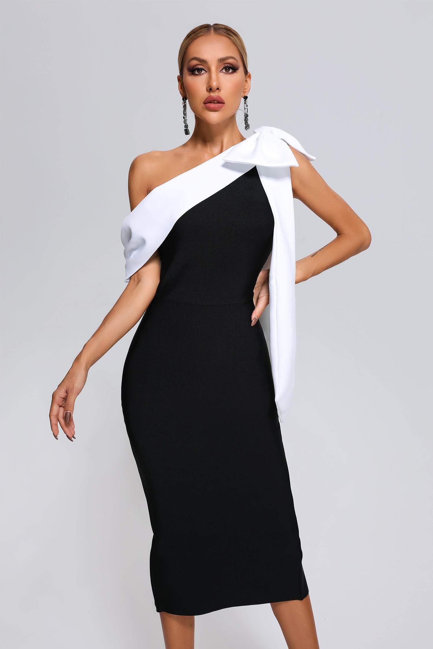 Pellegrina Midi Dress - Asymmetrical Neckline - Fitted Silhouette - Bandage Fabric - Oversized Bow - Evening Events