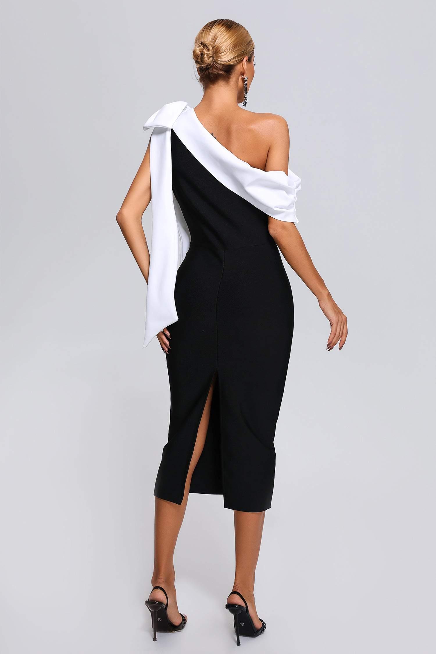 Pellegrina Midi Dress - Asymmetrical Neckline - Fitted Silhouette - Bandage Fabric - Oversized Bow - Evening Events