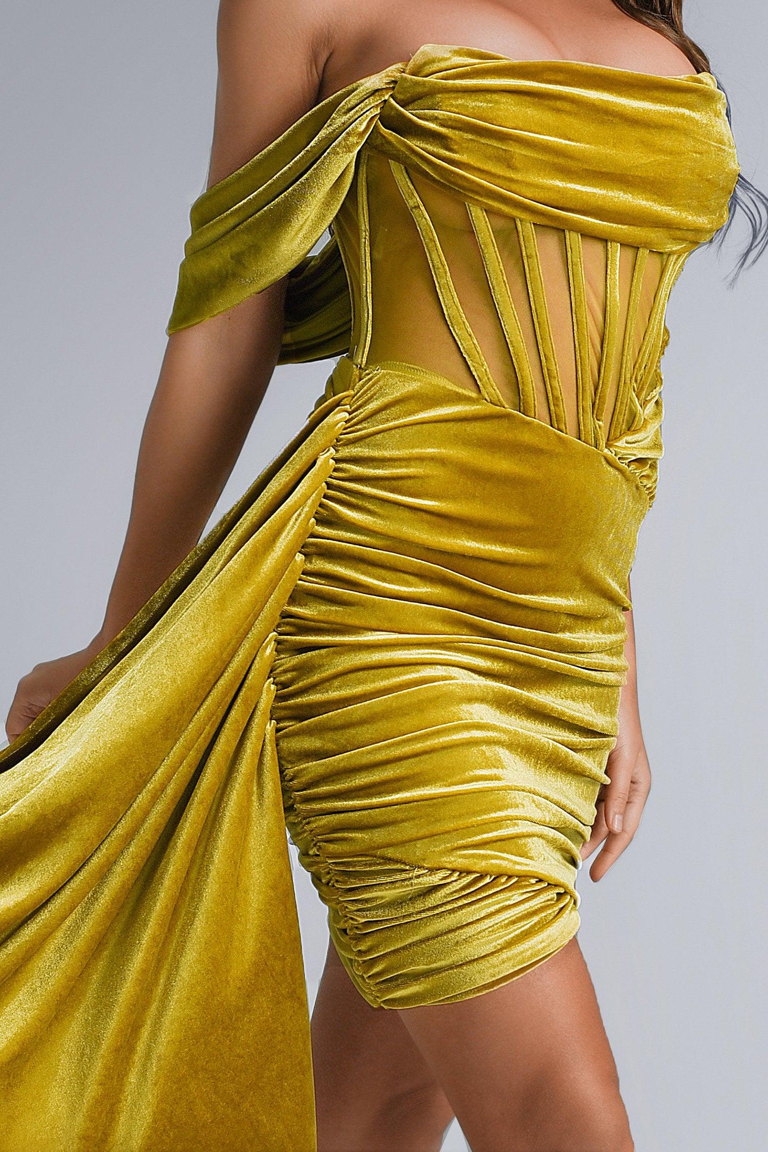 Laney Mini Dress - Off-Shoulder Neckline - Corset Detailing - Luxurious Velvet - Ruched - Ideal For Special Occasions