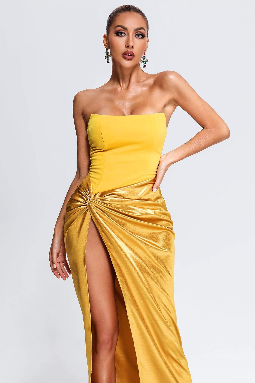 Remi Midi Dress - Strapless Silhouette - Knot Detailing - Side Slit - Luxurious Satin - Modern