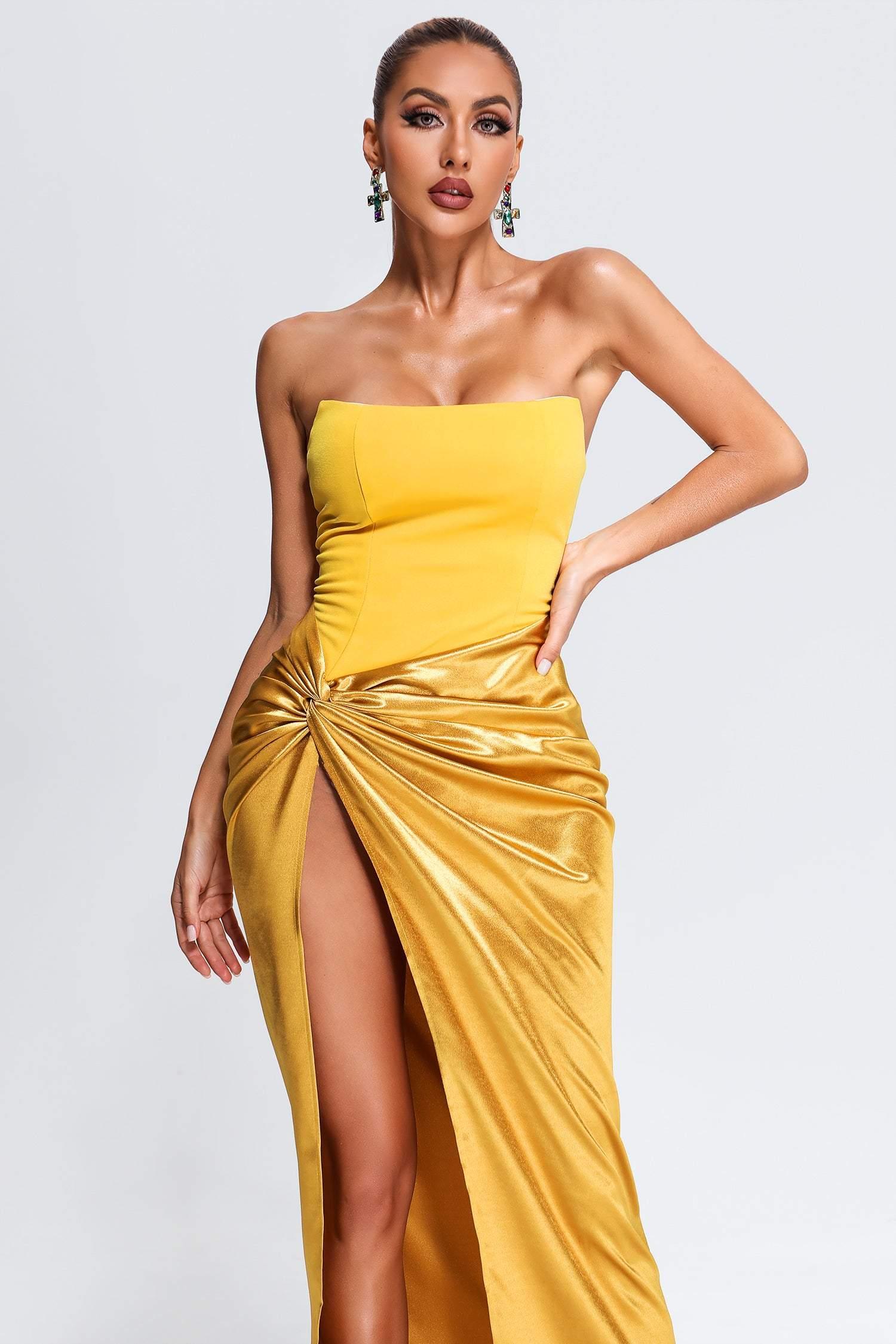 Remi Midi Dress - Strapless Silhouette - Knot Detailing - Side Slit - Luxurious Satin - Modern