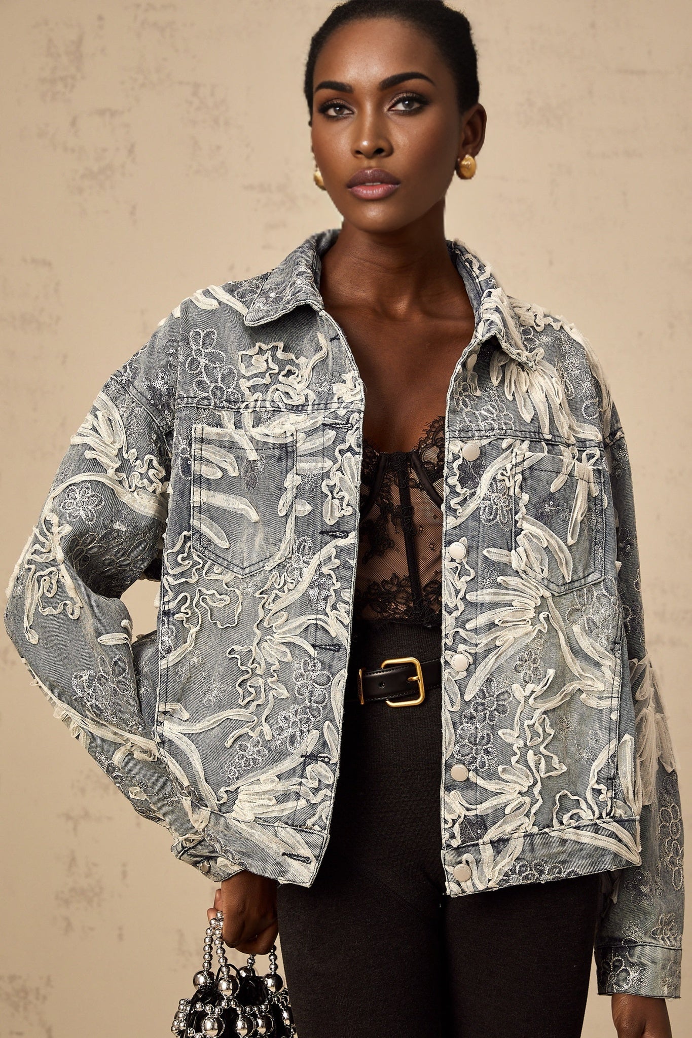 Julia Denim Jacket Blue Sequined Flower Embroidery & Rhinestone