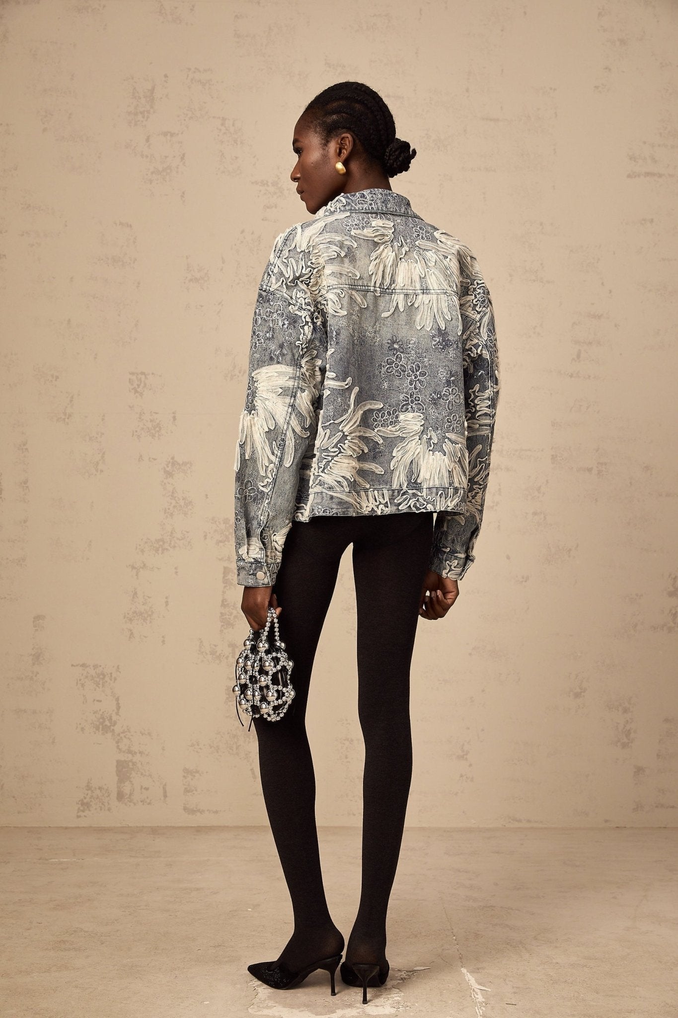 Julia Denim Jacket Blue Sequined Flower Embroidery & Rhinestone